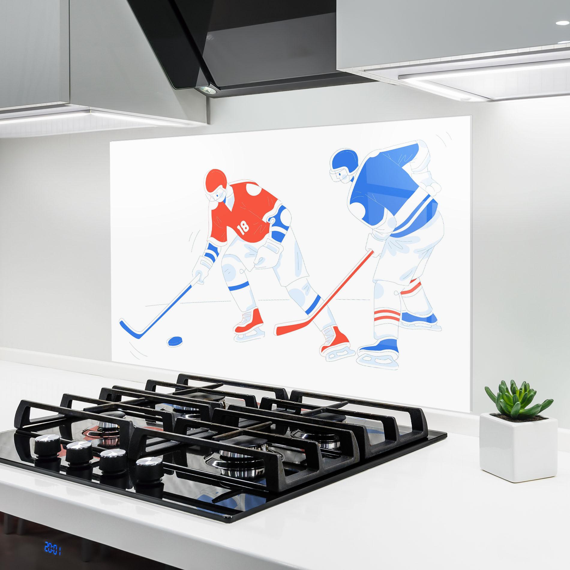 Стъклен панел за кухня Orange Blue Hockey mockup 6