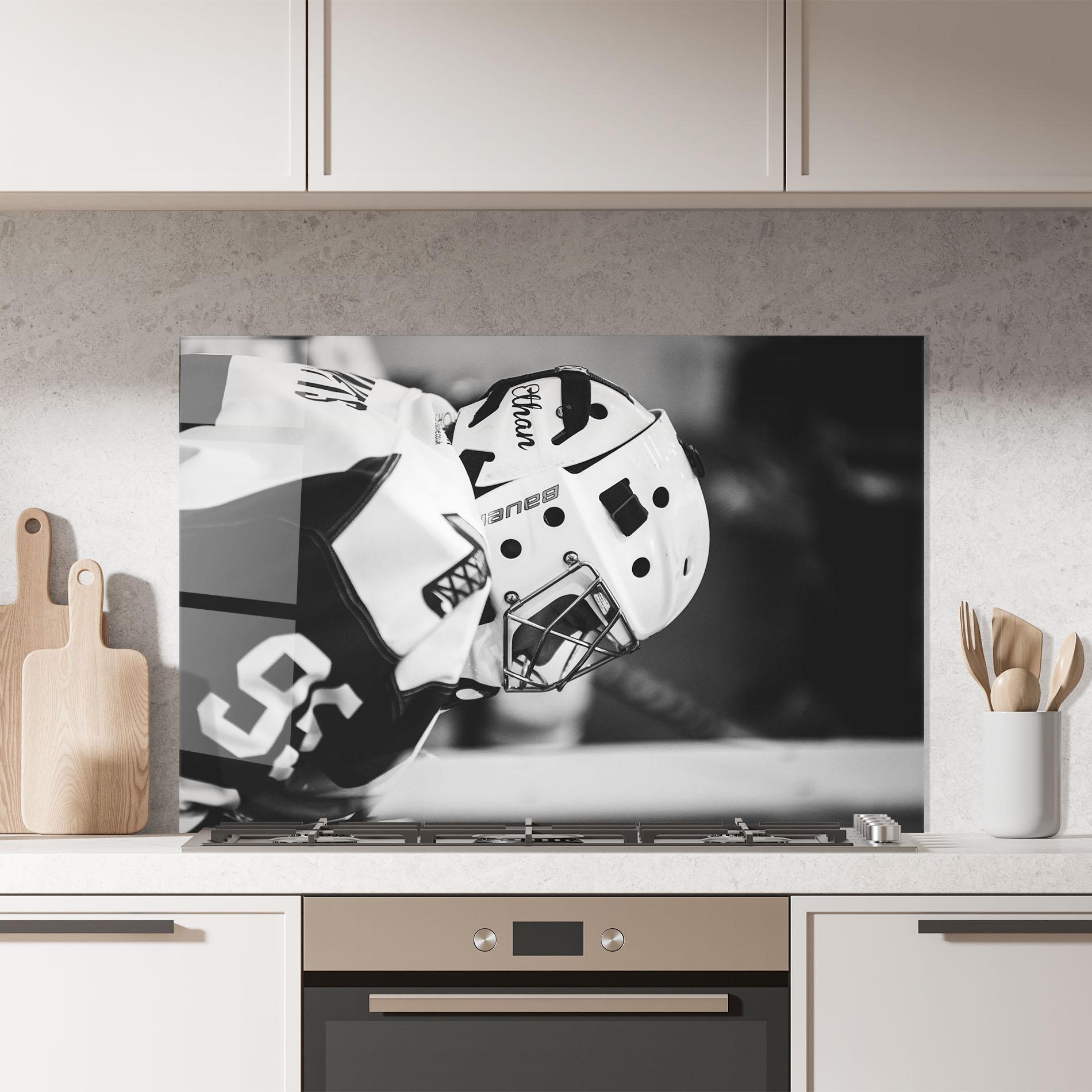 Стъклен панел за кухня Black White Hockey mockup 7