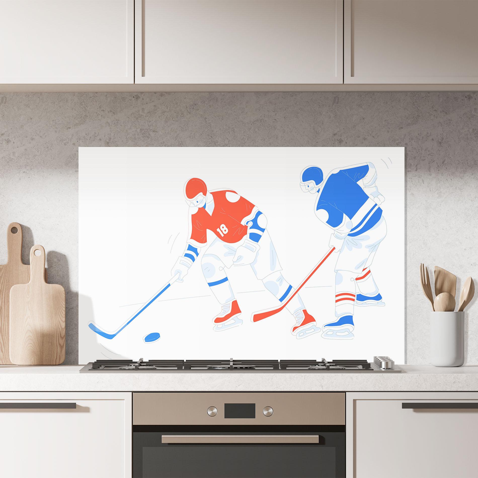 Стъклен панел за кухня Orange Blue Hockey mockup 7