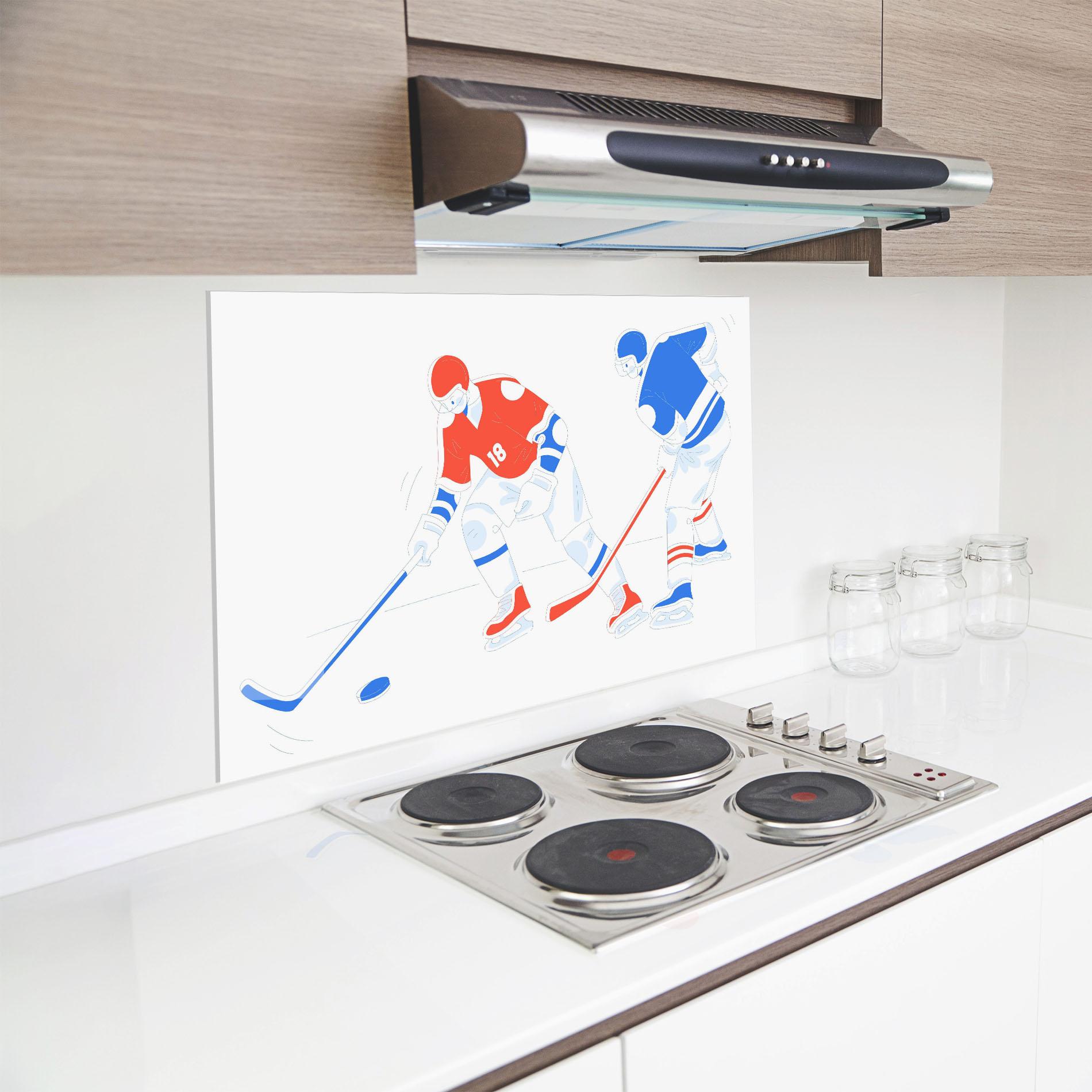Стъклен панел за кухня Orange Blue Hockey mockup 8