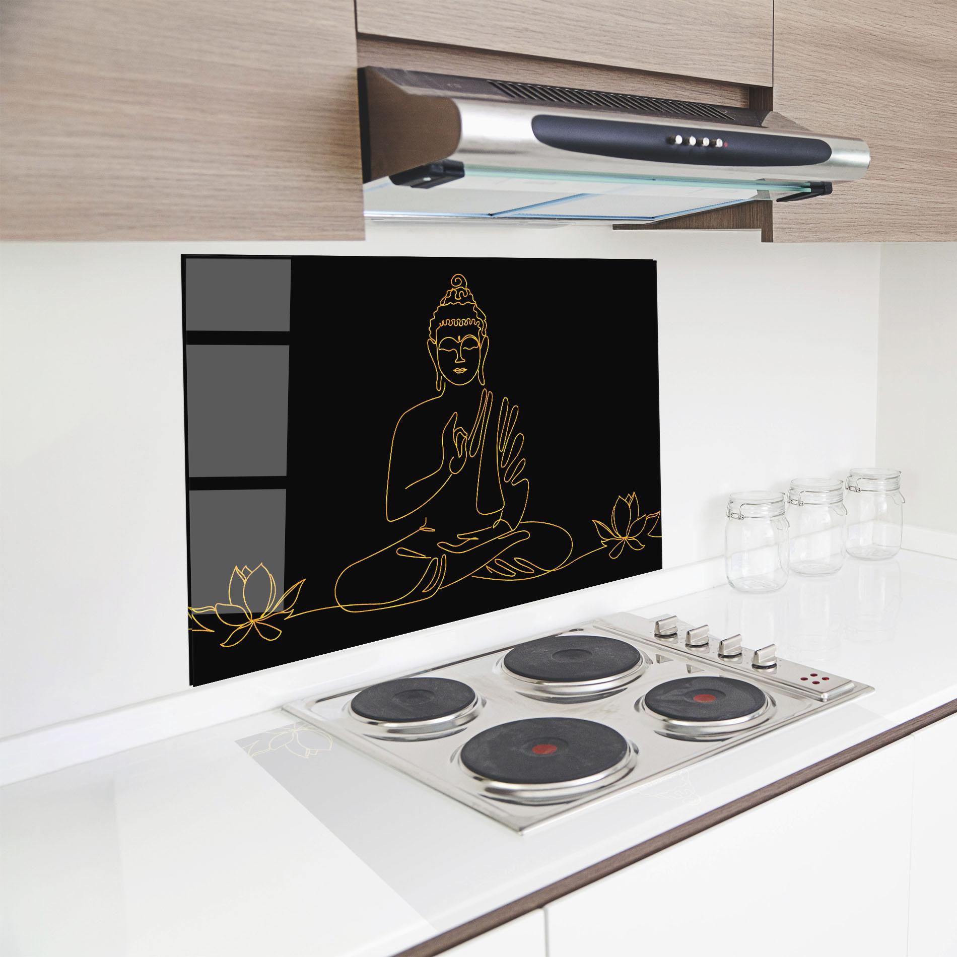 Стъклен панел за кухня Buddha Gold Line mockup 8