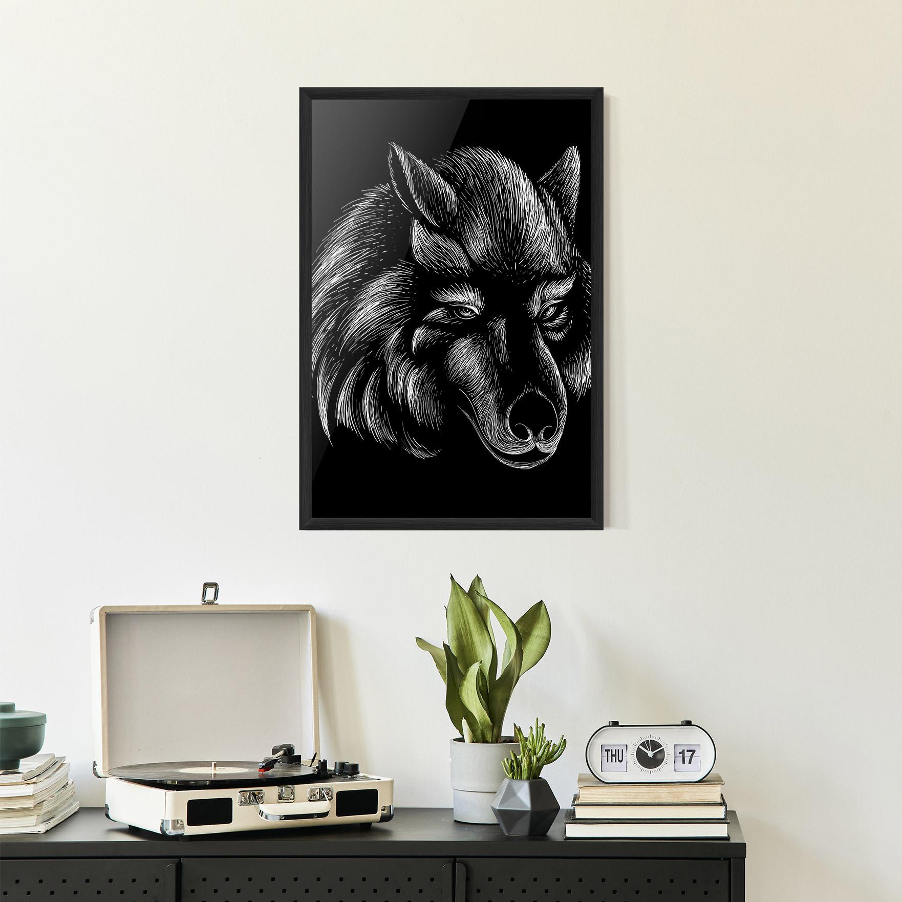 Рамкиран постер White Line Wolf mockup 2