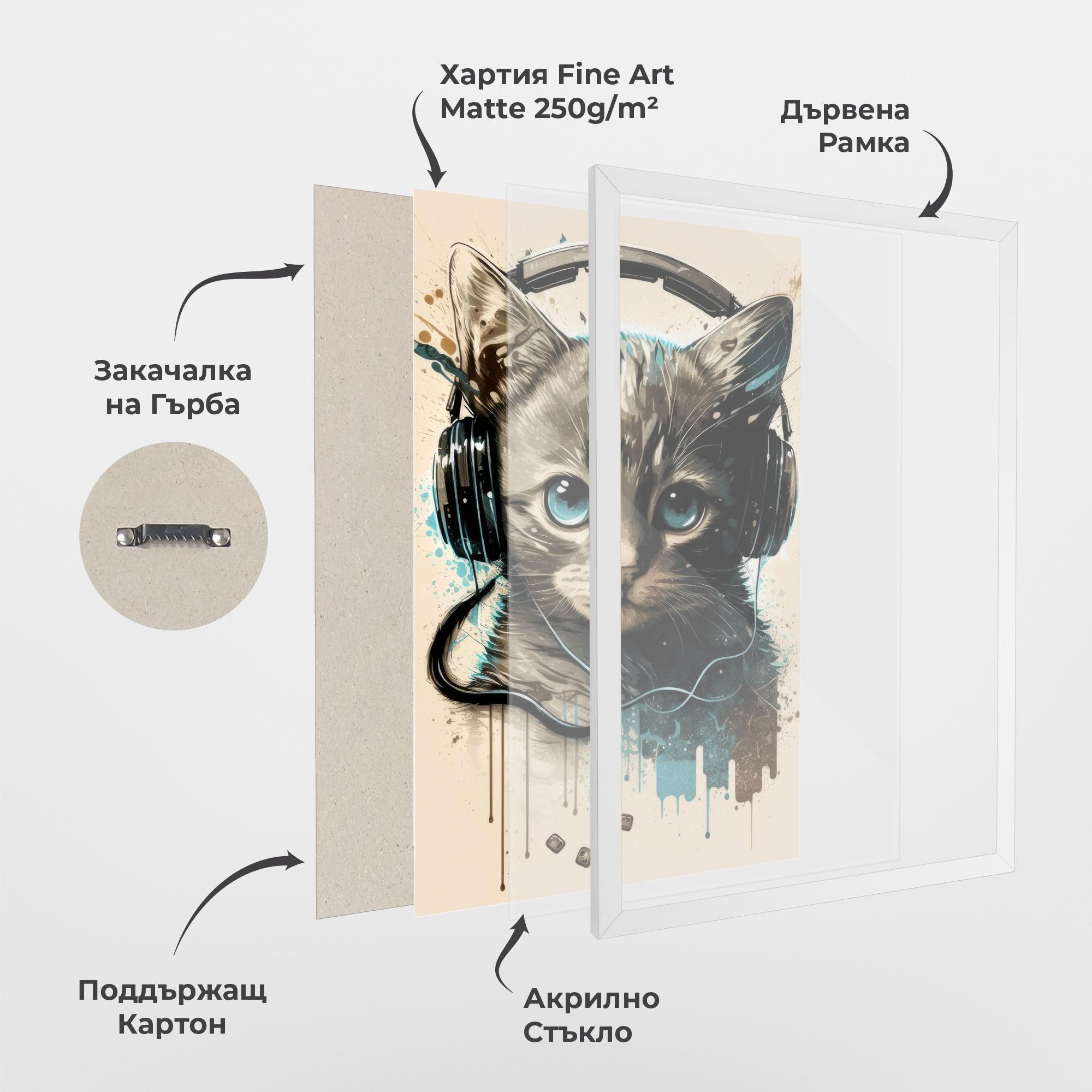 Рамкиран постер Headphones Cute Cat mockup 1