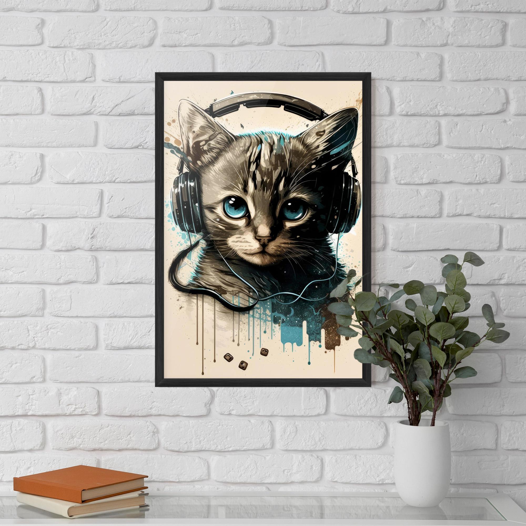 Рамкиран постер Headphones Cute Cat mockup 5