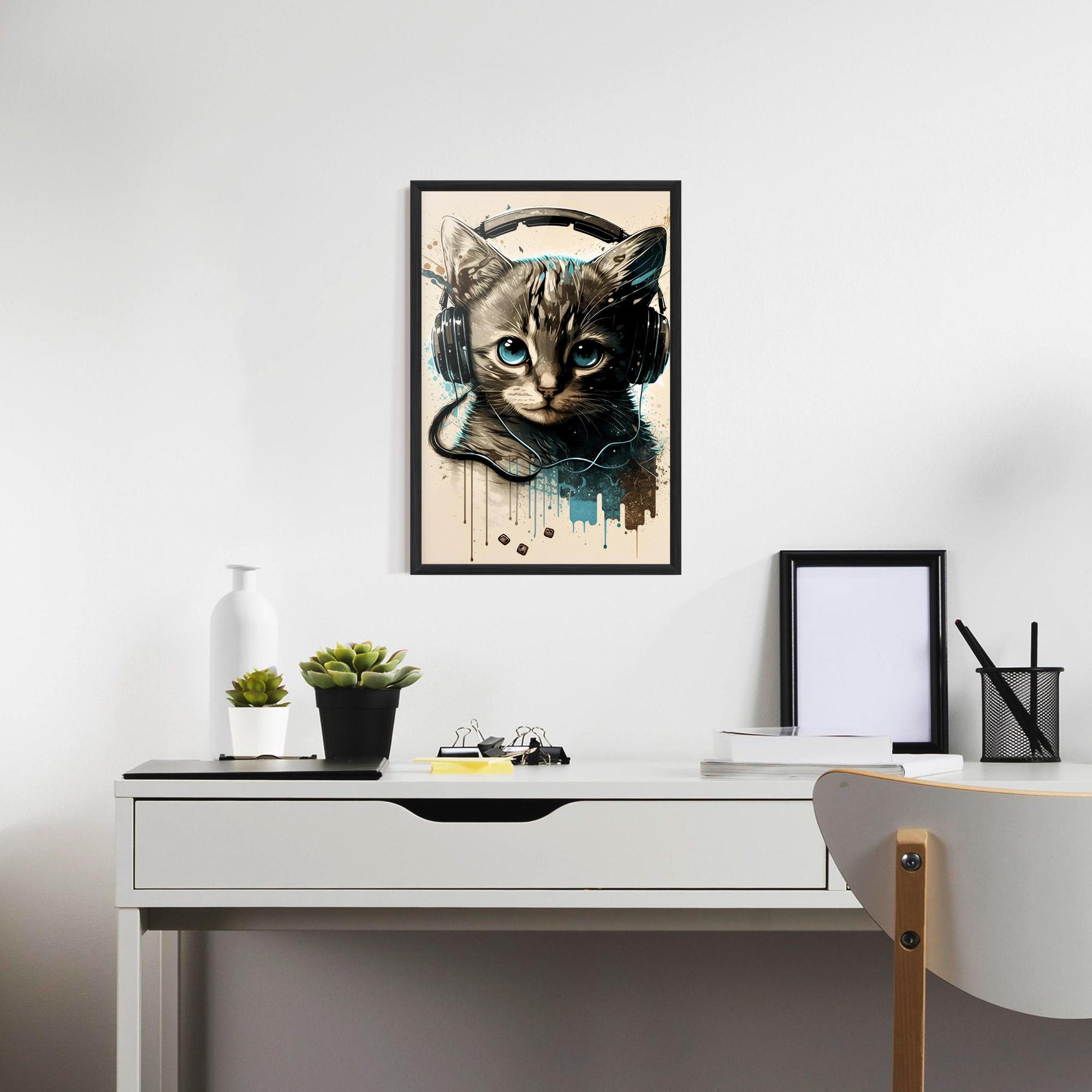 Рамкиран постер Headphones Cute Cat mockup 7