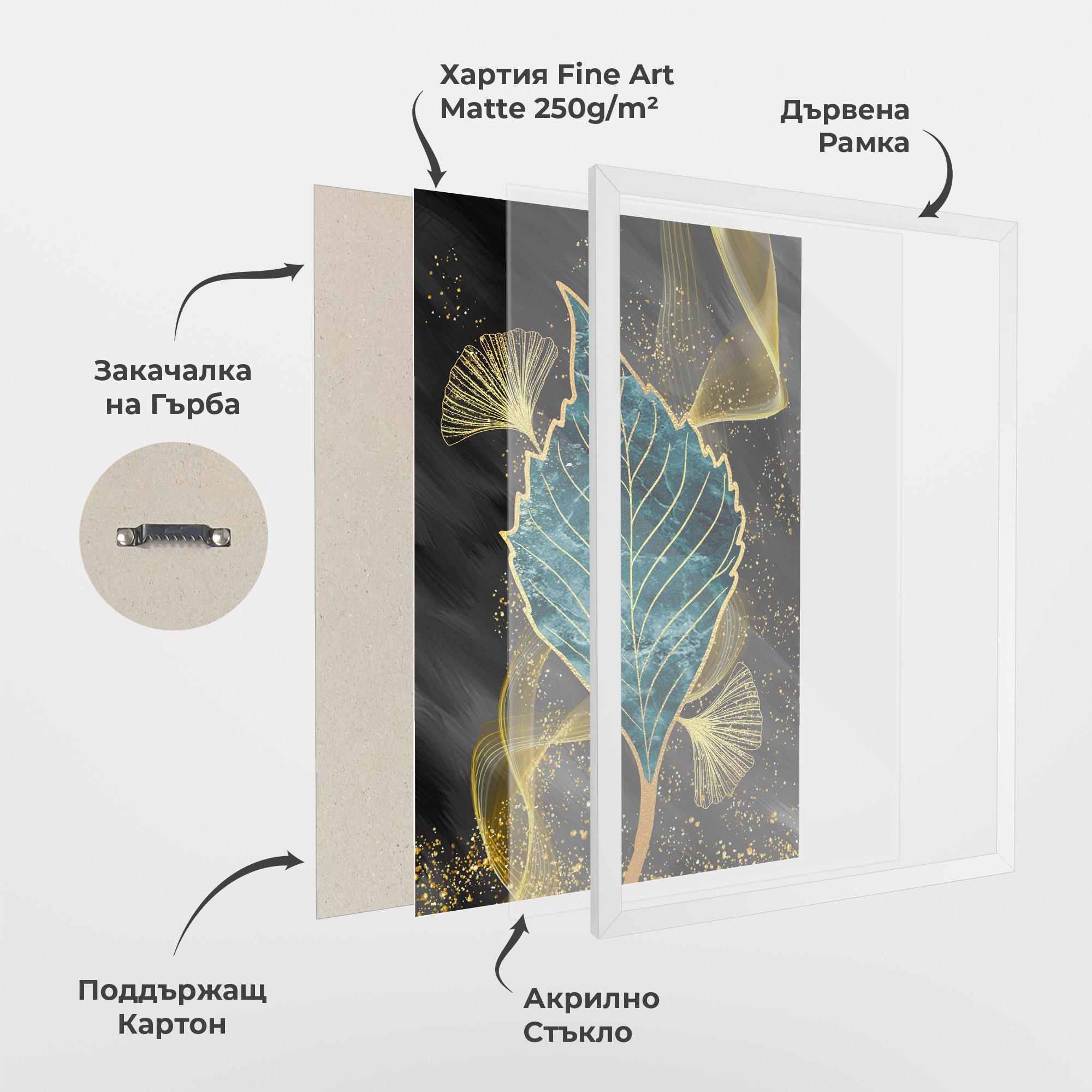 Рамкиран постер Golden Leaves Blue mockup 1