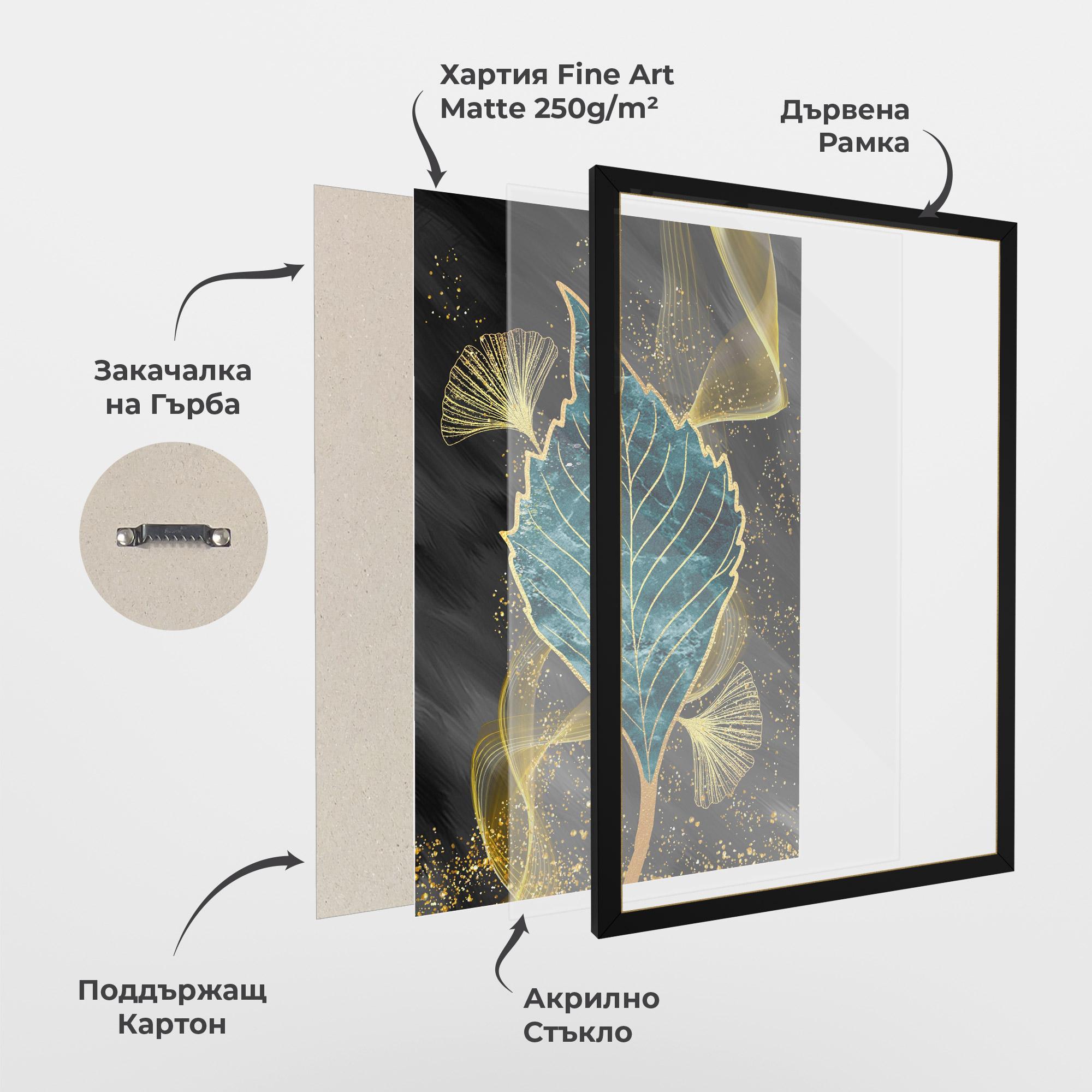 Рамкиран постер Golden Leaves Blue mockup 1