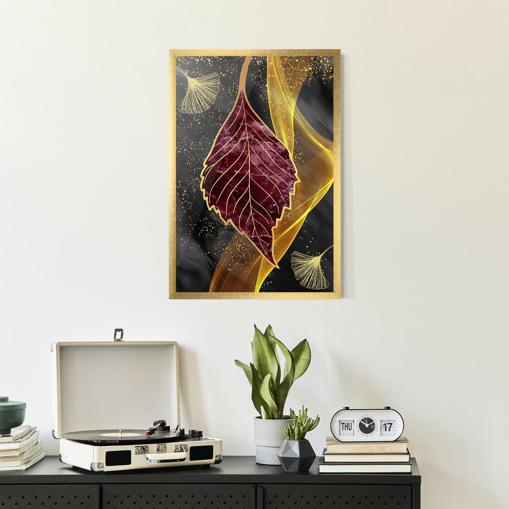 Рамкиран постер Golden Leaves Red mockup 2