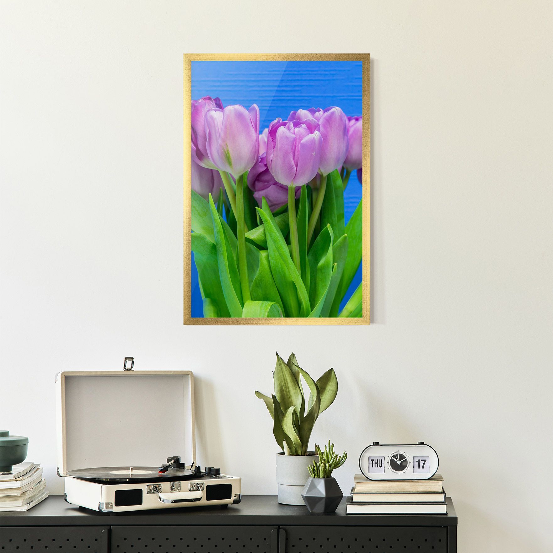 Purple Tulips On Blue mockup 2