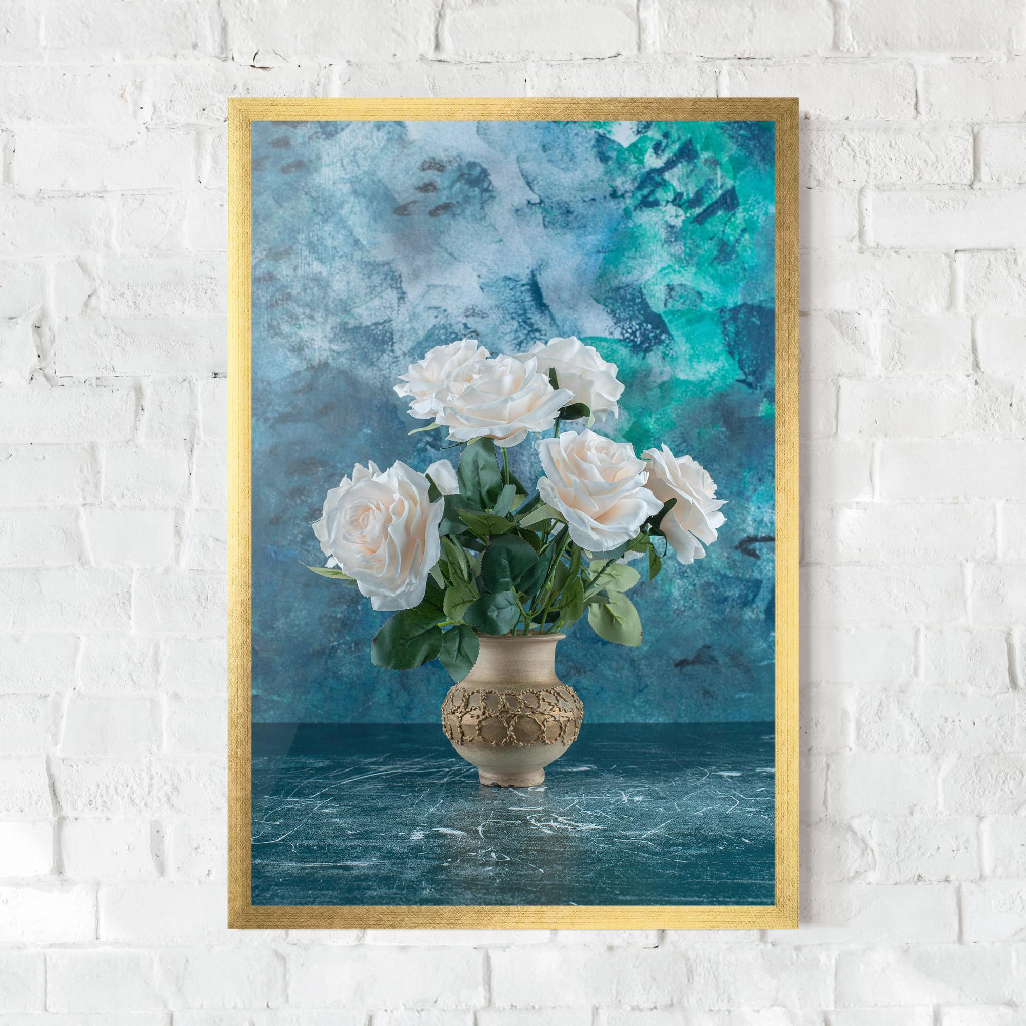 Рамкиран постер White Roses On Blue mockup 0