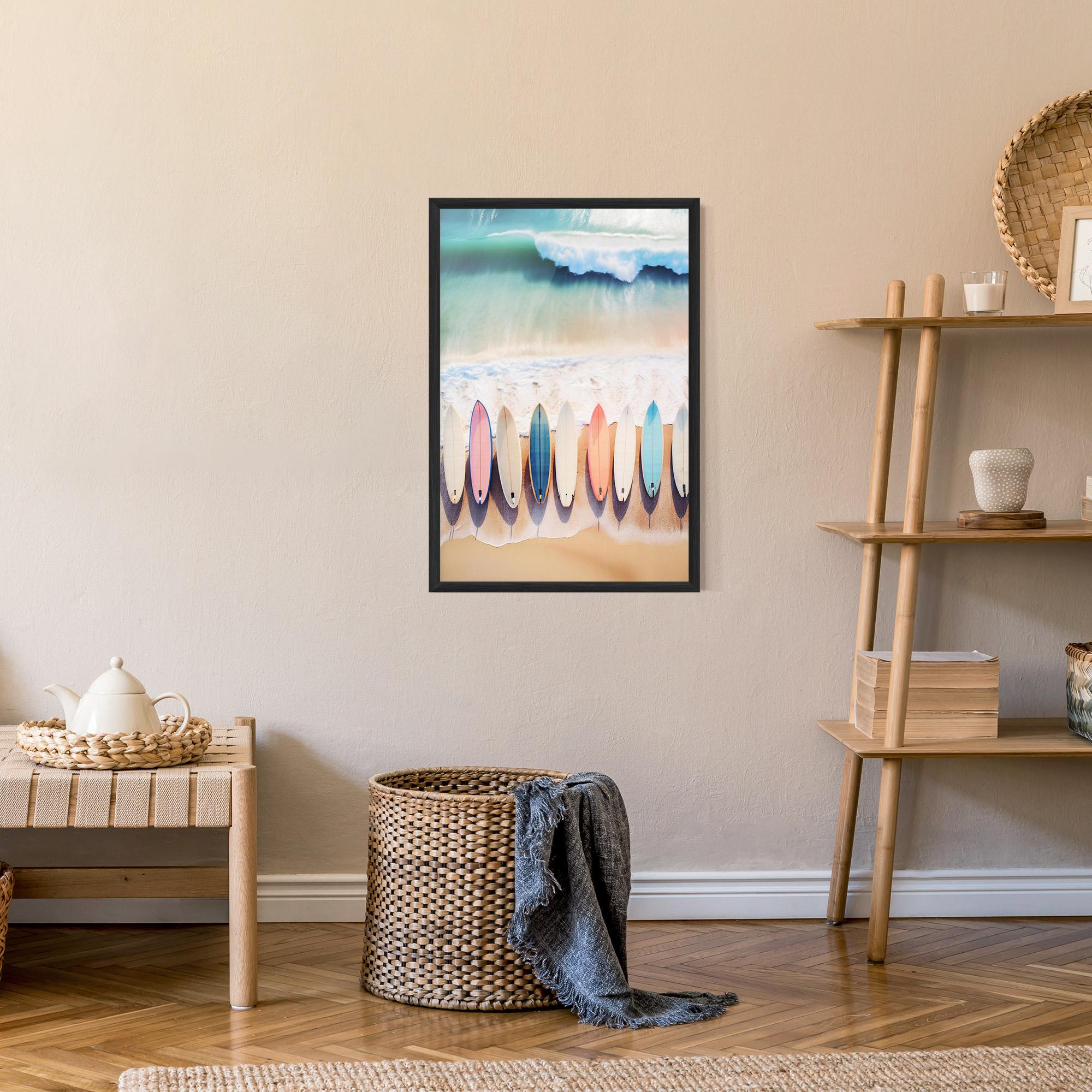 Рамкиран постер Surfboards Beach mockup 9
