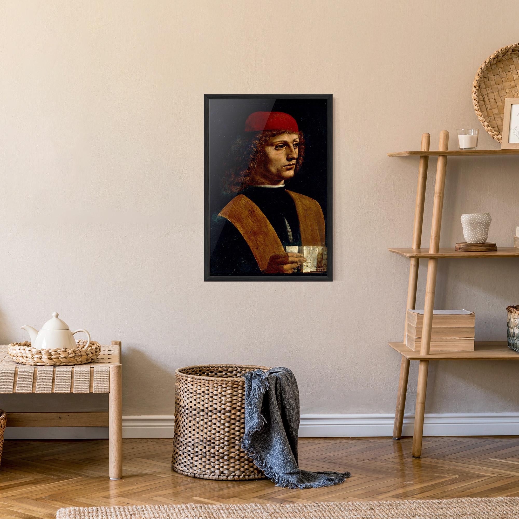 Рамкиран постер Leonardo Da Vinci Portrait Of A Musician Pinacoteca Ambrosiana mockup 9