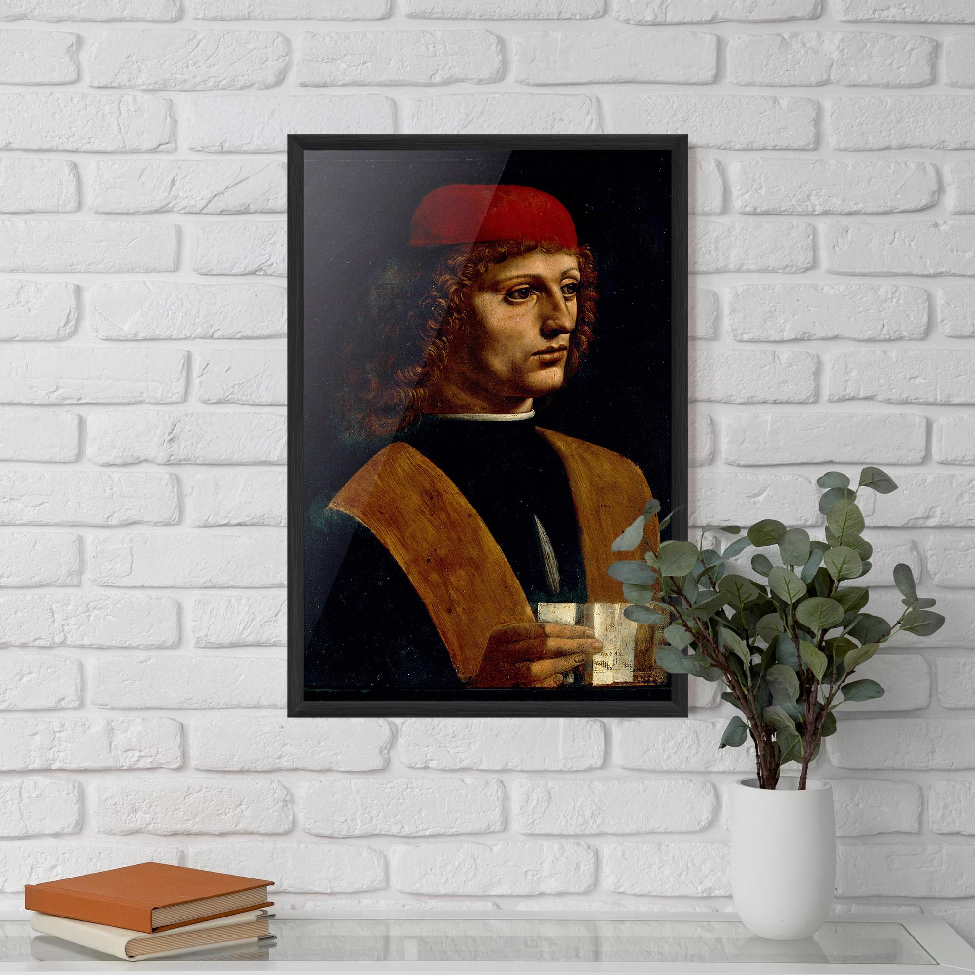 Рамкиран постер Leonardo Da Vinci Portrait Of A Musician Pinacoteca Ambrosiana mockup 5