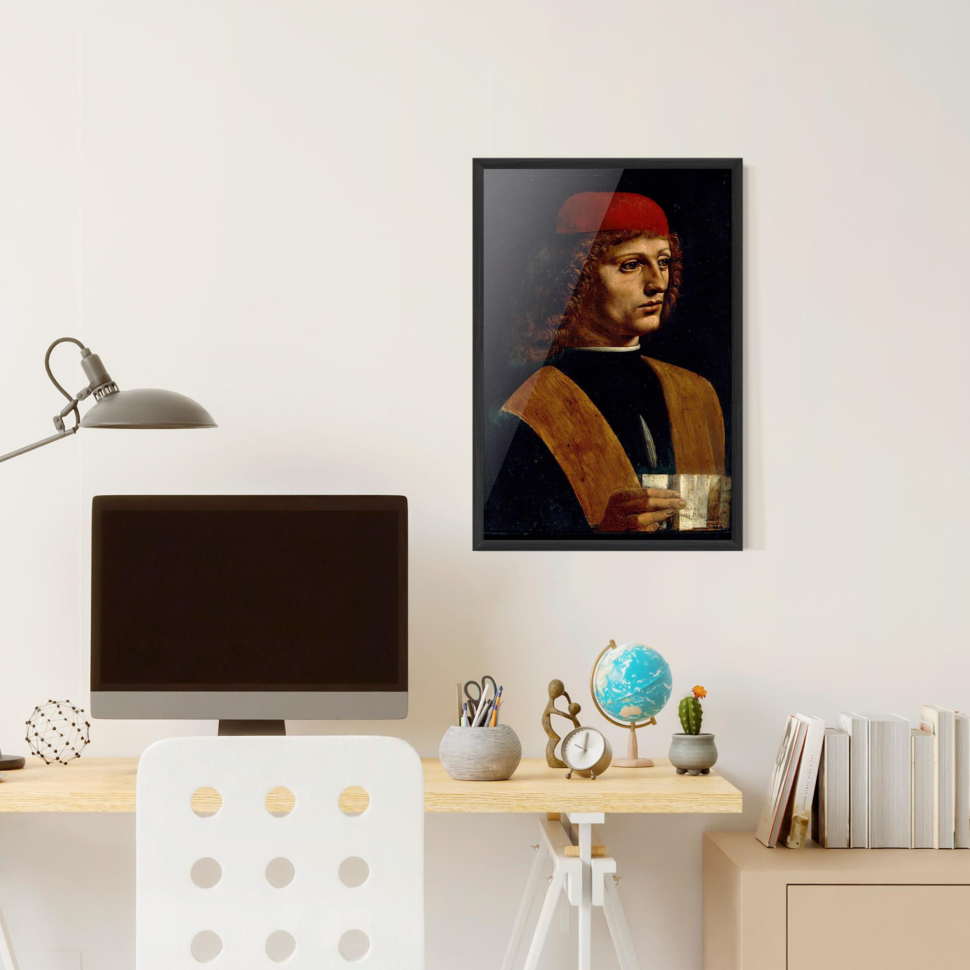 Рамкиран постер Leonardo Da Vinci Portrait Of A Musician Pinacoteca Ambrosiana mockup 6