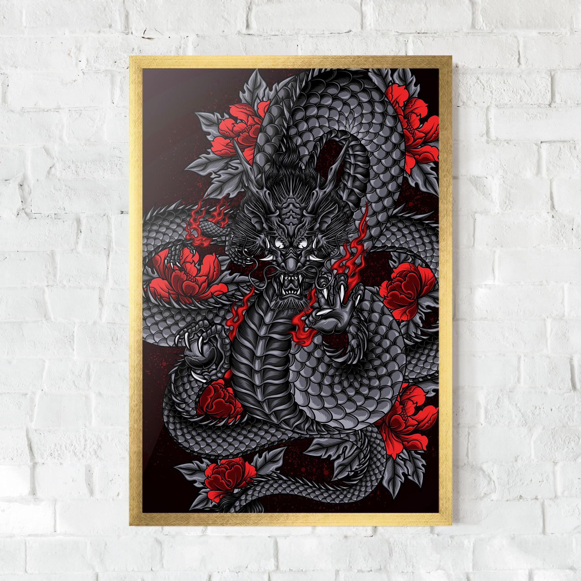 Рамкиран постер Red Flower Dragon mockup 0