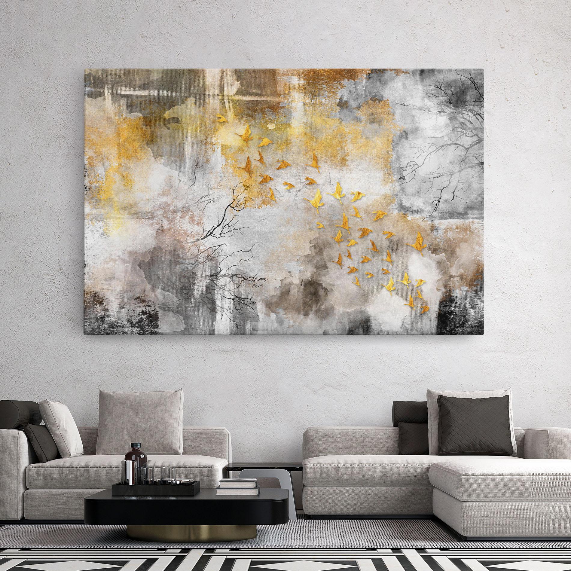 Картина на платно Gold Birds Flying mockup 2