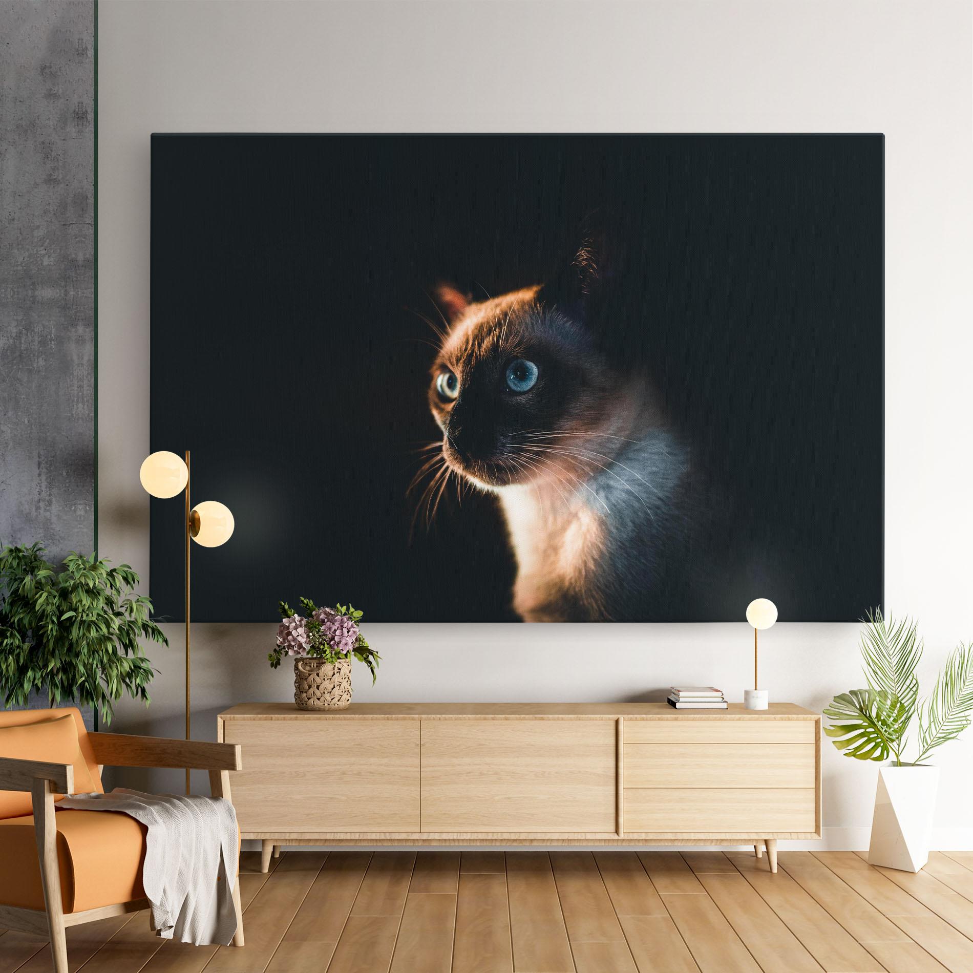 Картина на платно Blue Eyes Cat In Dark mockup 9