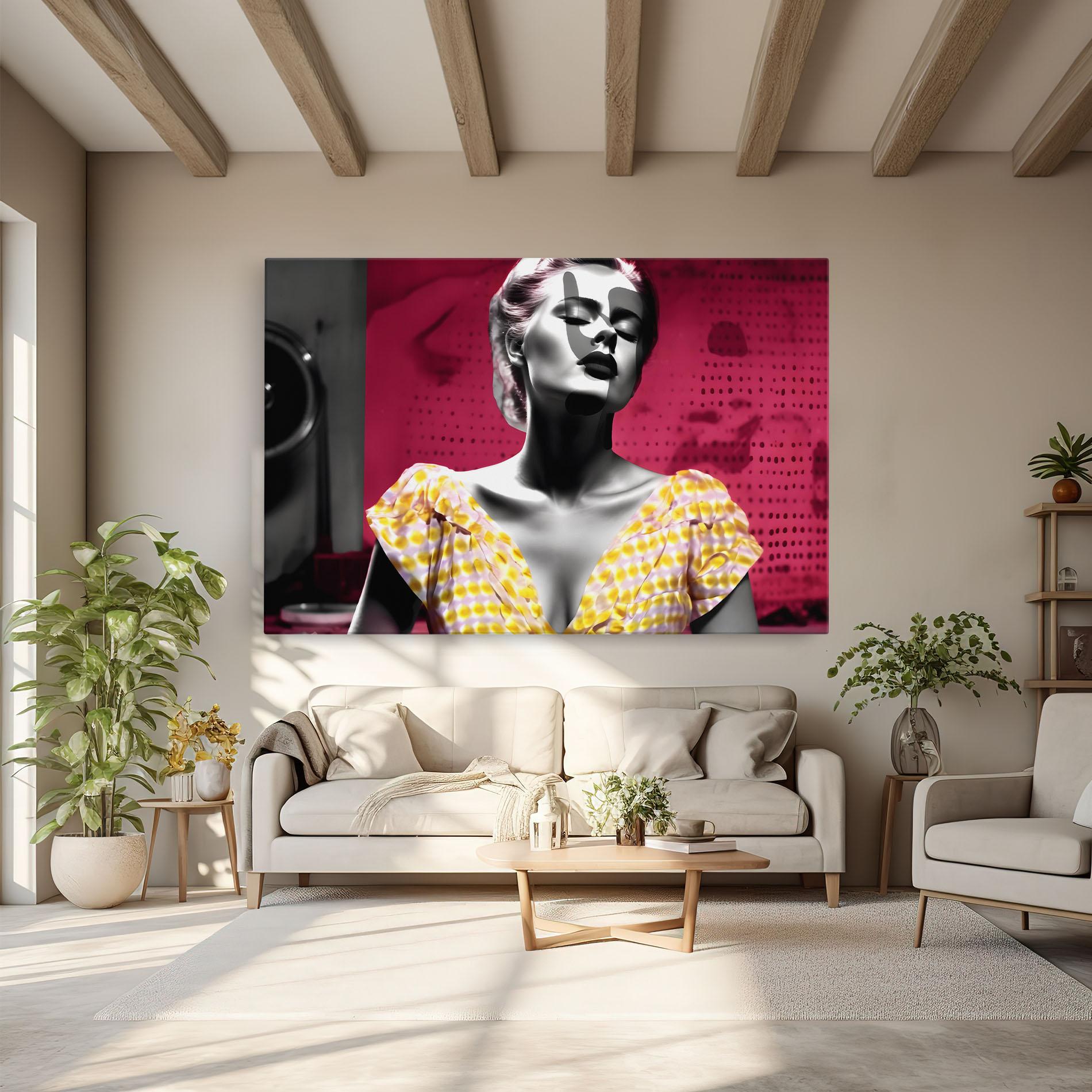 Картина на платно Yellow Dress On Pink mockup 6