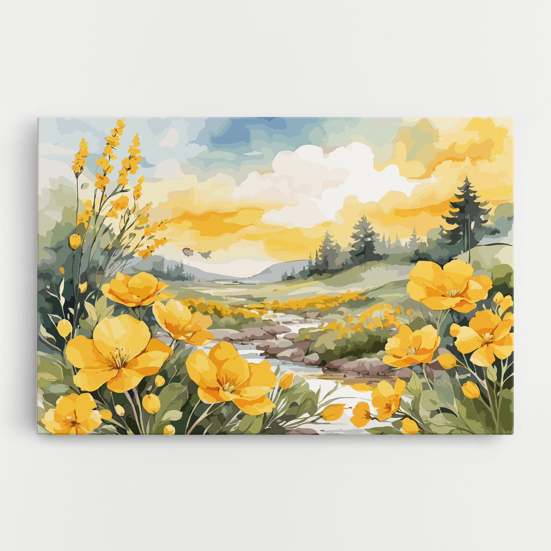 Vector_nature_landscape_with_beautiful_yellow_flowers_watercolor mockup 0