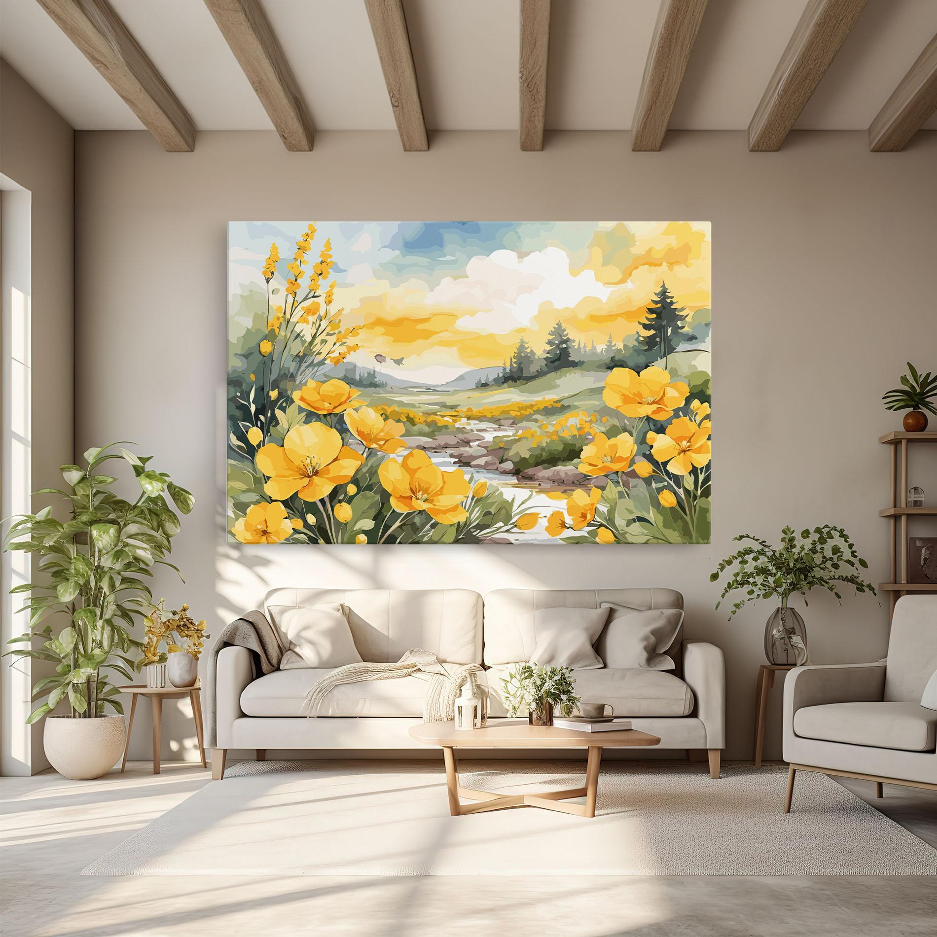 Картина на платно Vector_nature_landscape_with_beautiful_yellow_flowers_watercolor mockup 6