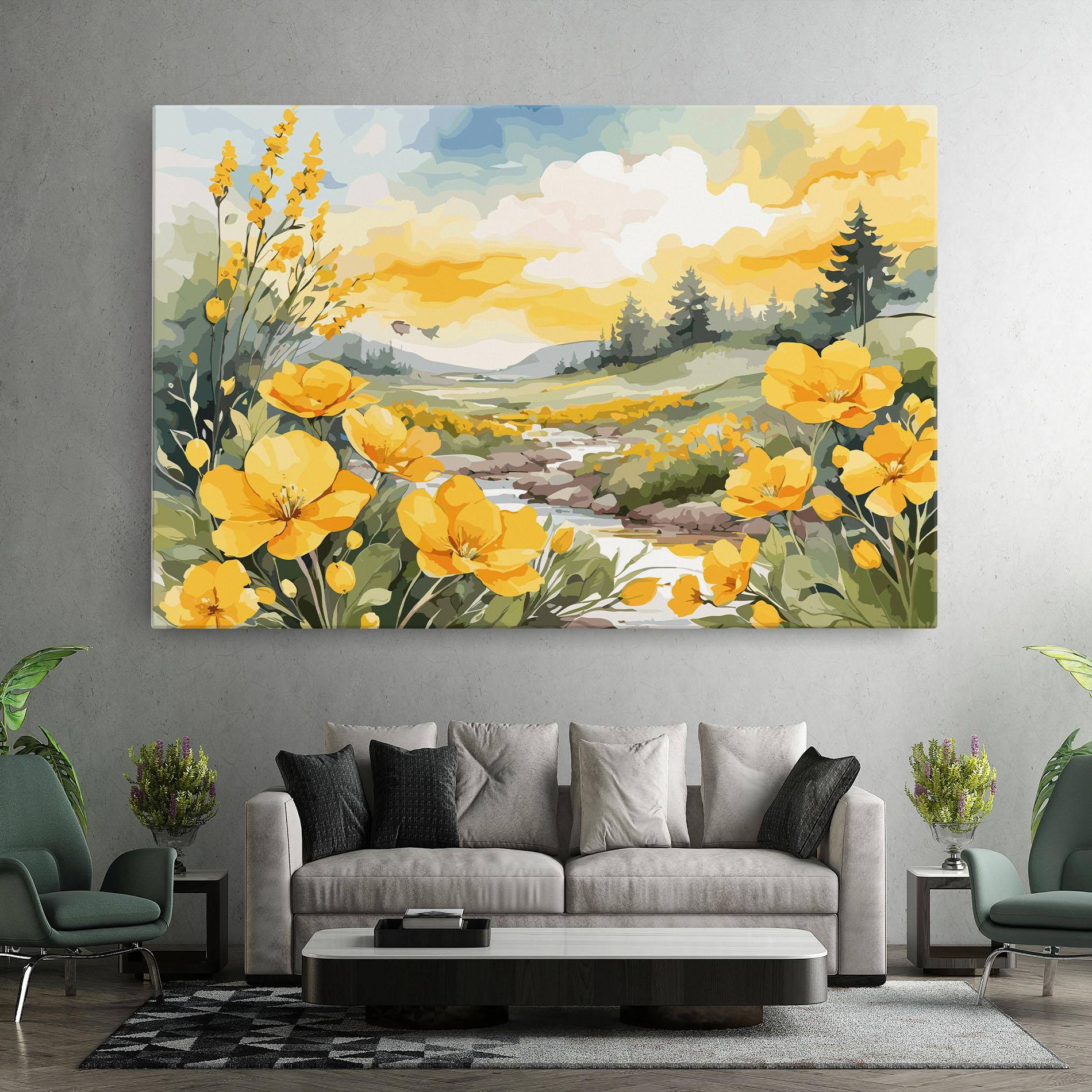 Картина на платно Vector_nature_landscape_with_beautiful_yellow_flowers_watercolor mockup 7