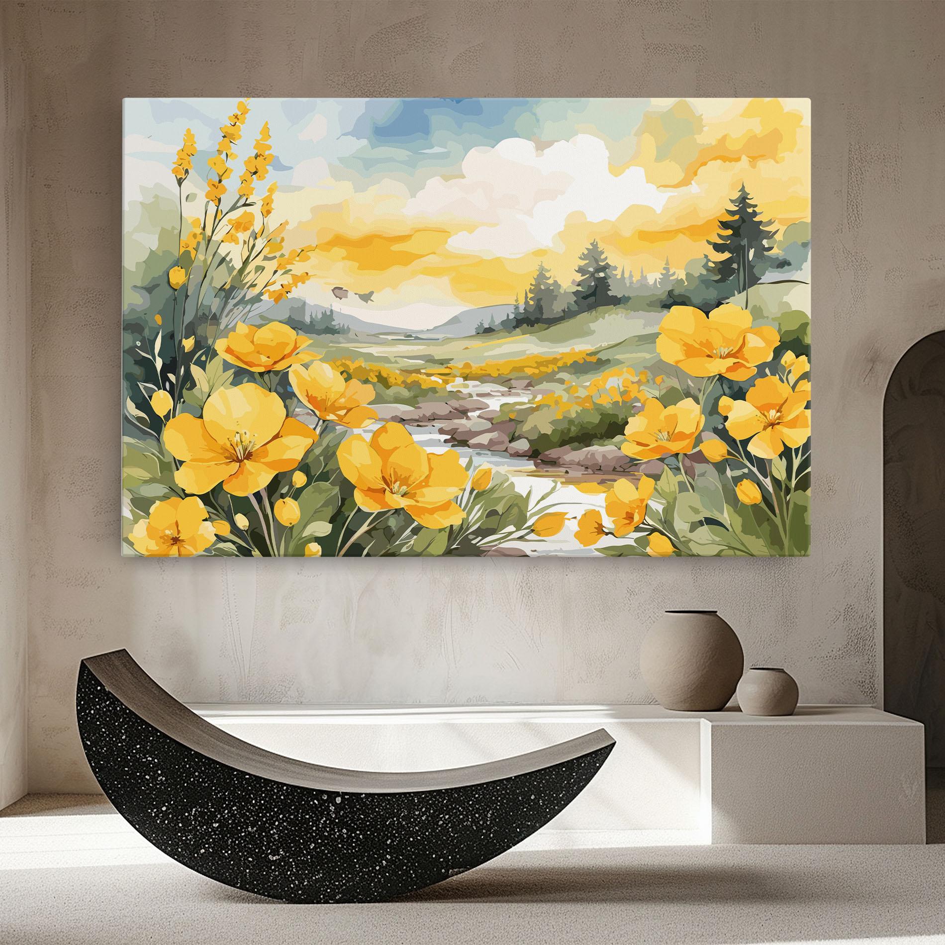 Картина на платно Vector_nature_landscape_with_beautiful_yellow_flowers_watercolor mockup 8