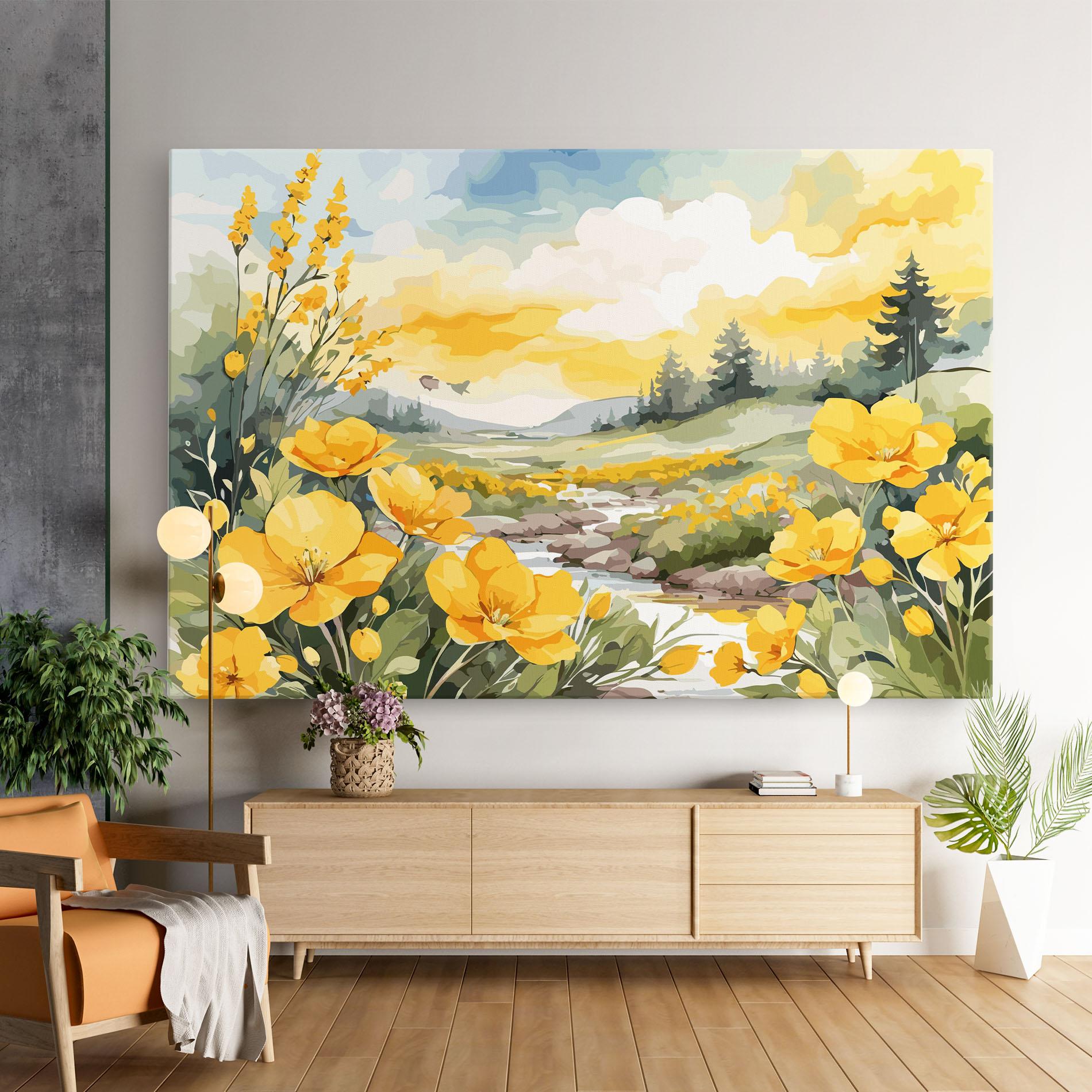 Картина на платно Vector_nature_landscape_with_beautiful_yellow_flowers_watercolor mockup 9