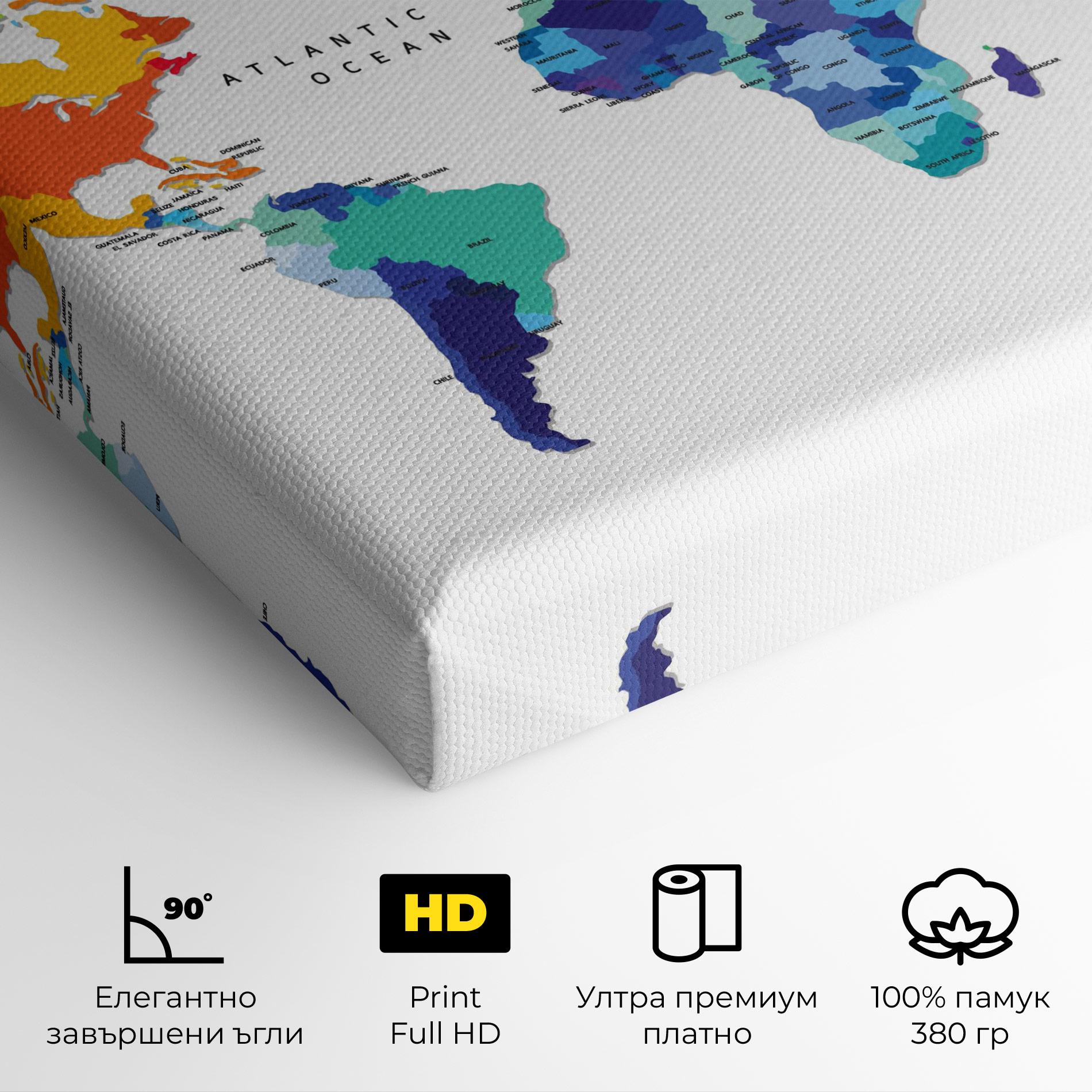Картина на платно Colored Continents Map mockup 4