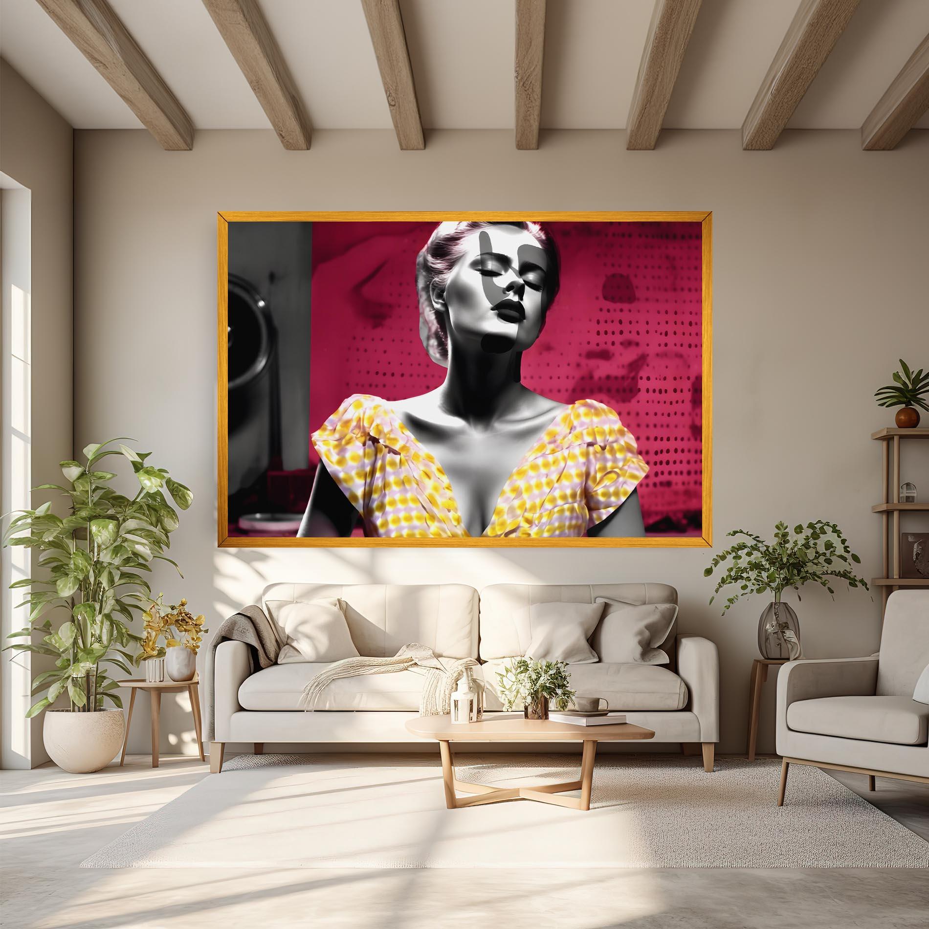 Картина на платно Yellow Dress On Pink mockup 6