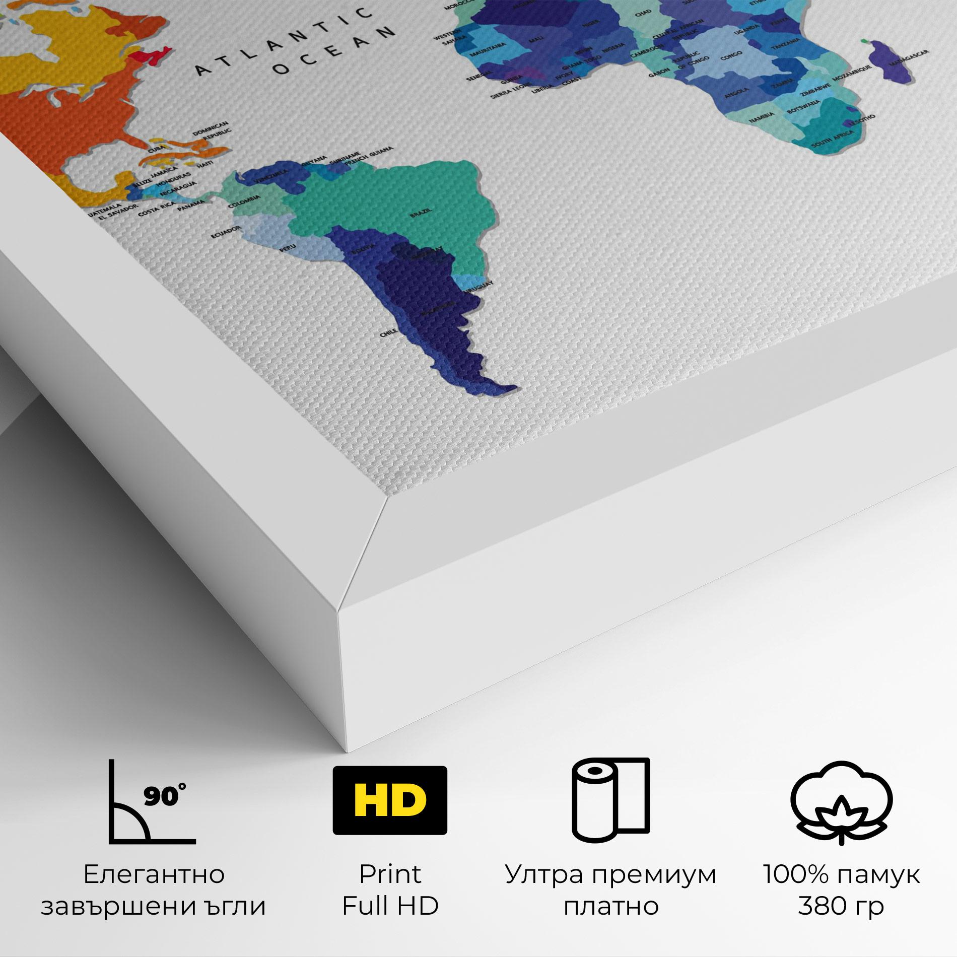 Картина на платно Colored Continents Map mockup 4