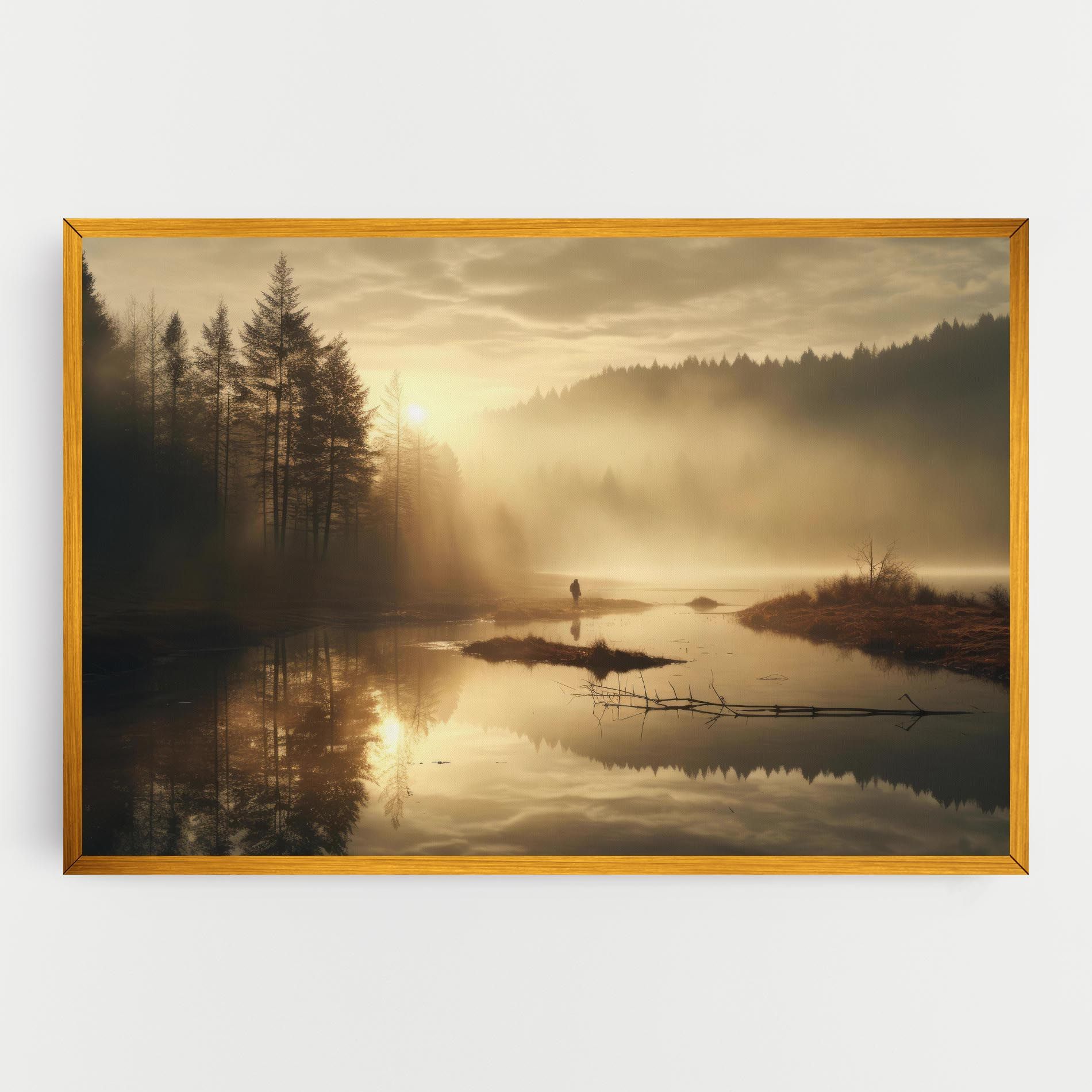 The Sun Is Rising Over A River In A Foggy Forest mockup 0