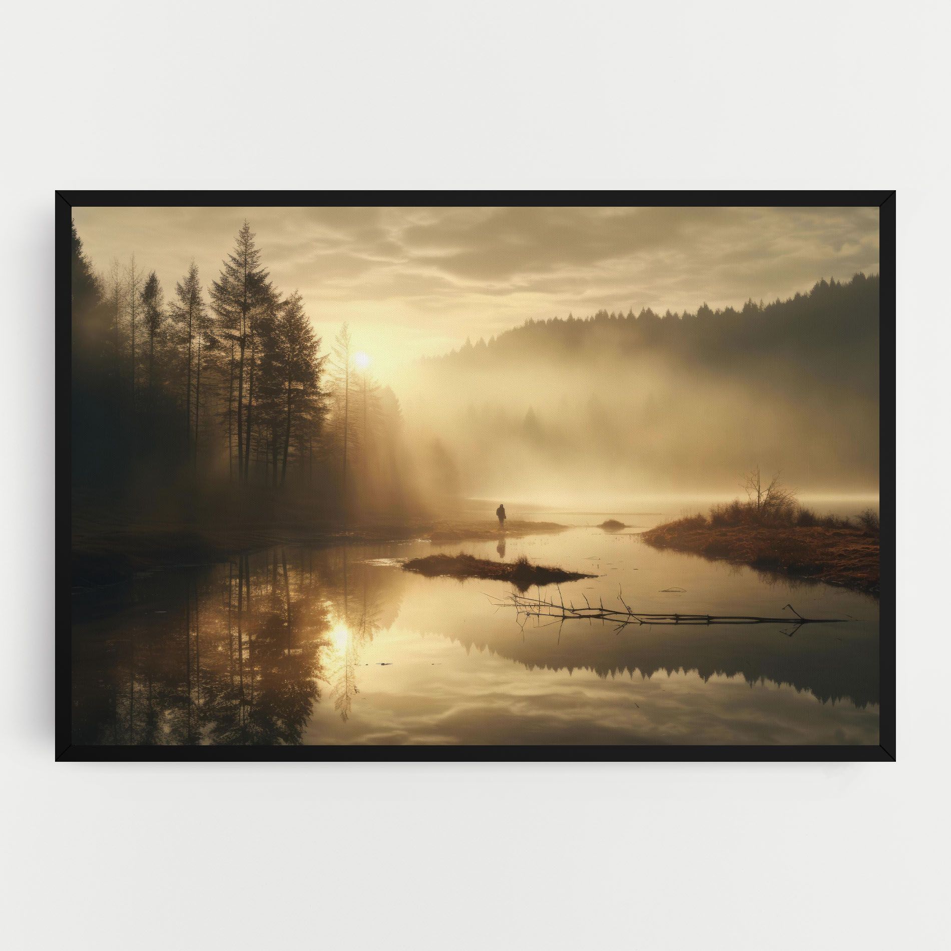 The Sun Is Rising Over A River In A Foggy Forest mockup 0