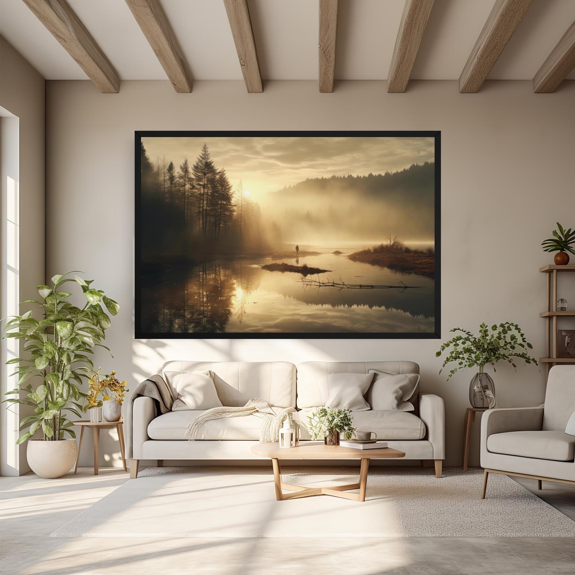 Картина на платно The Sun Is Rising Over A River In A Foggy Forest mockup 6