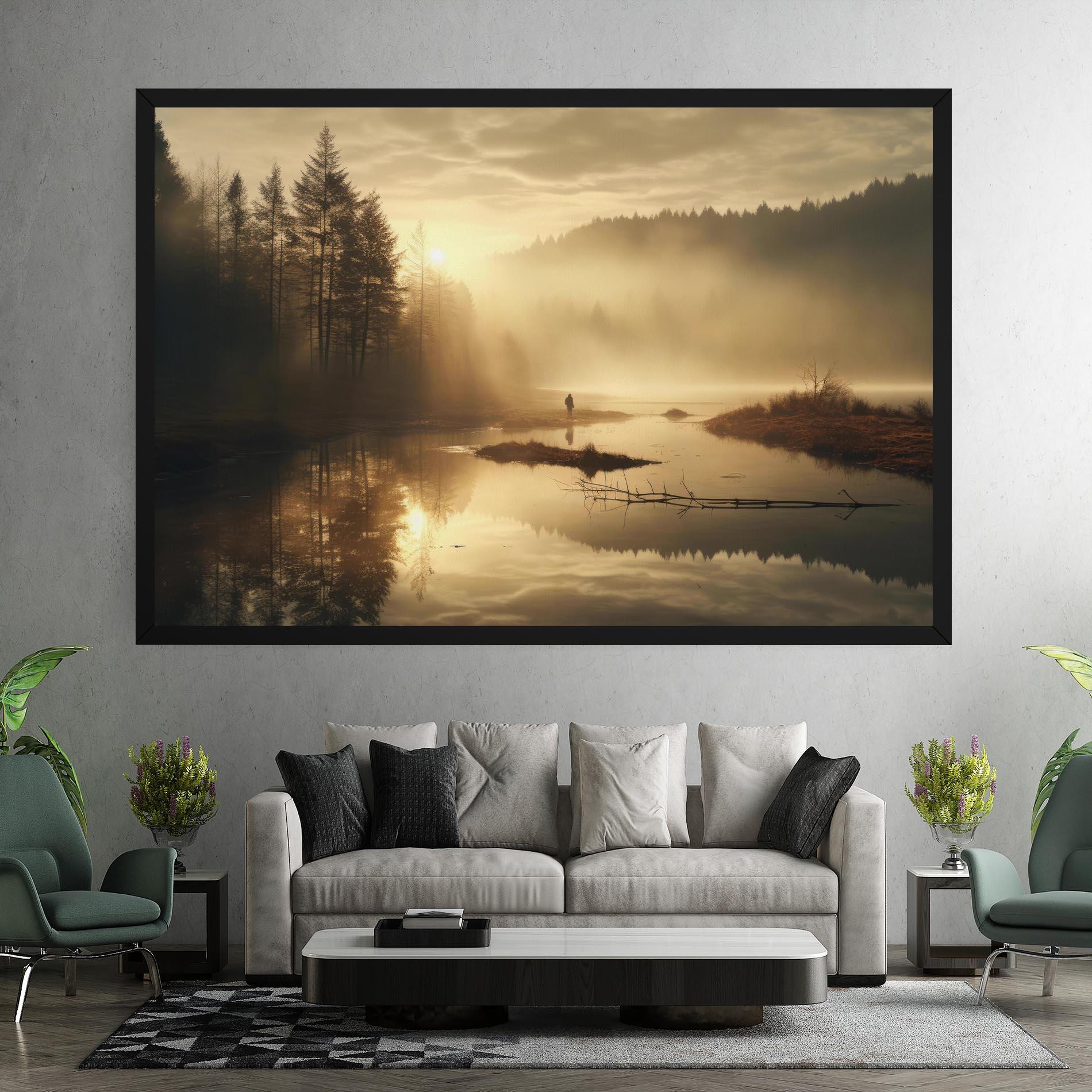 Картина на платно The Sun Is Rising Over A River In A Foggy Forest mockup 7