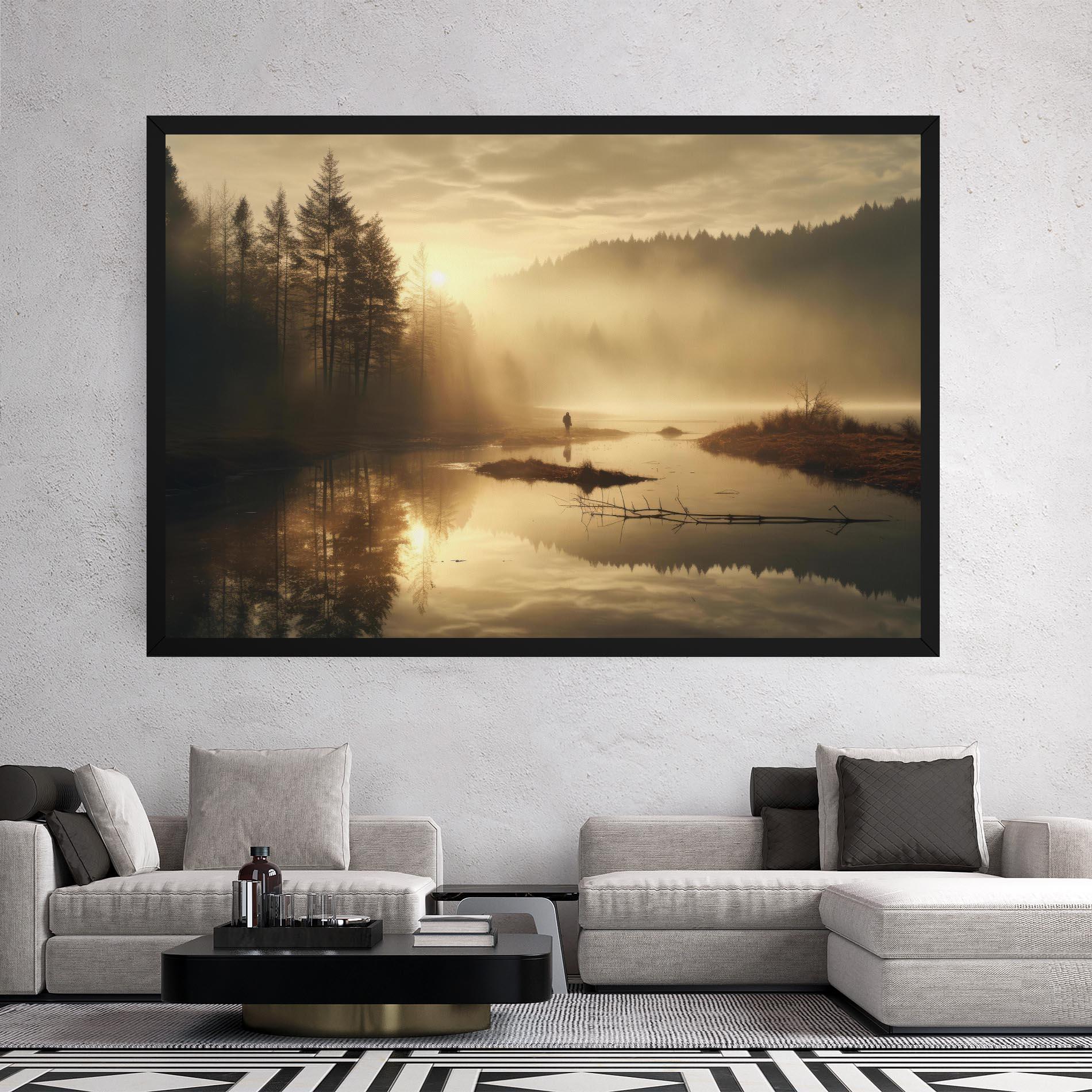 Картина на платно The Sun Is Rising Over A River In A Foggy Forest mockup 2