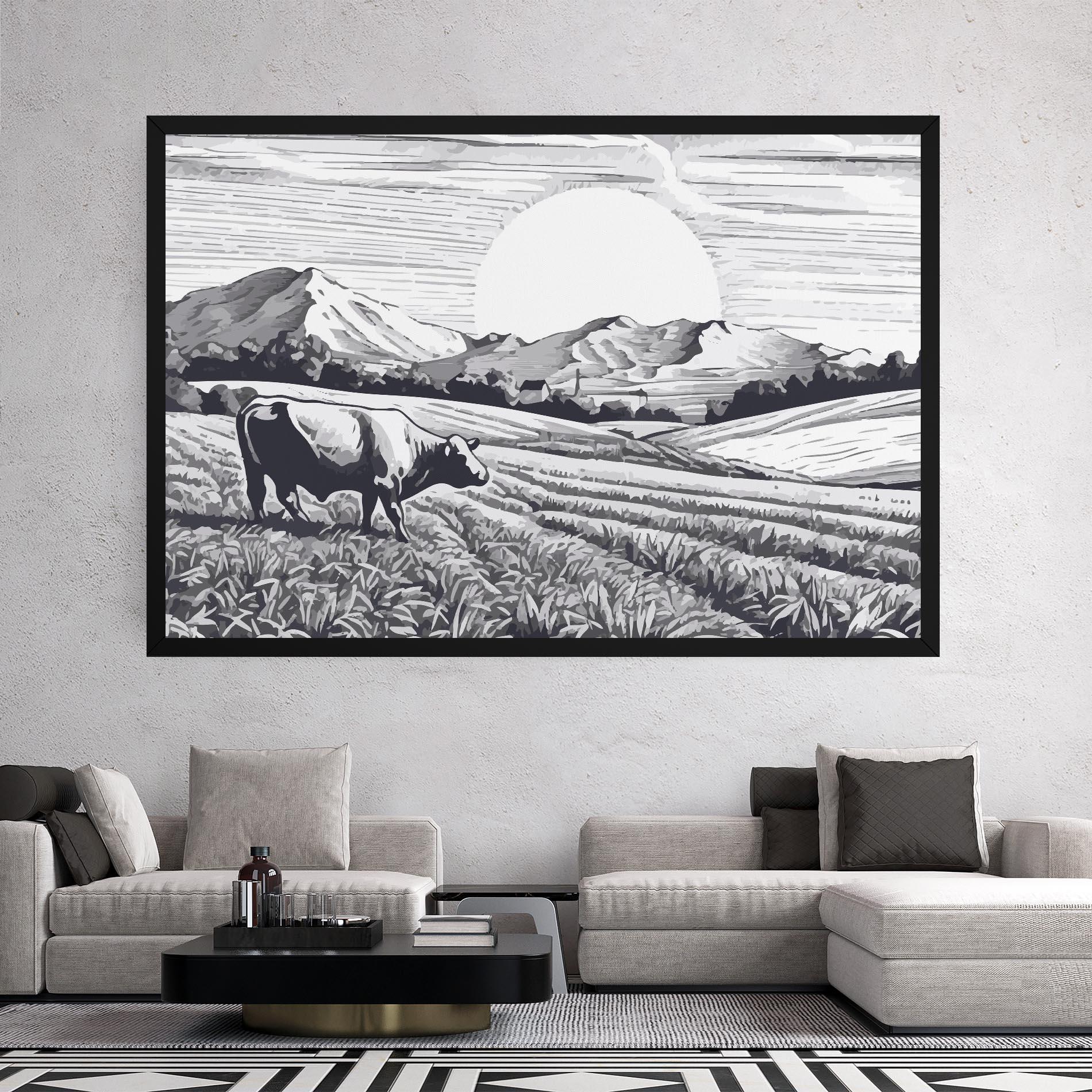 Картина на платно Cow Grey Ink mockup 2
