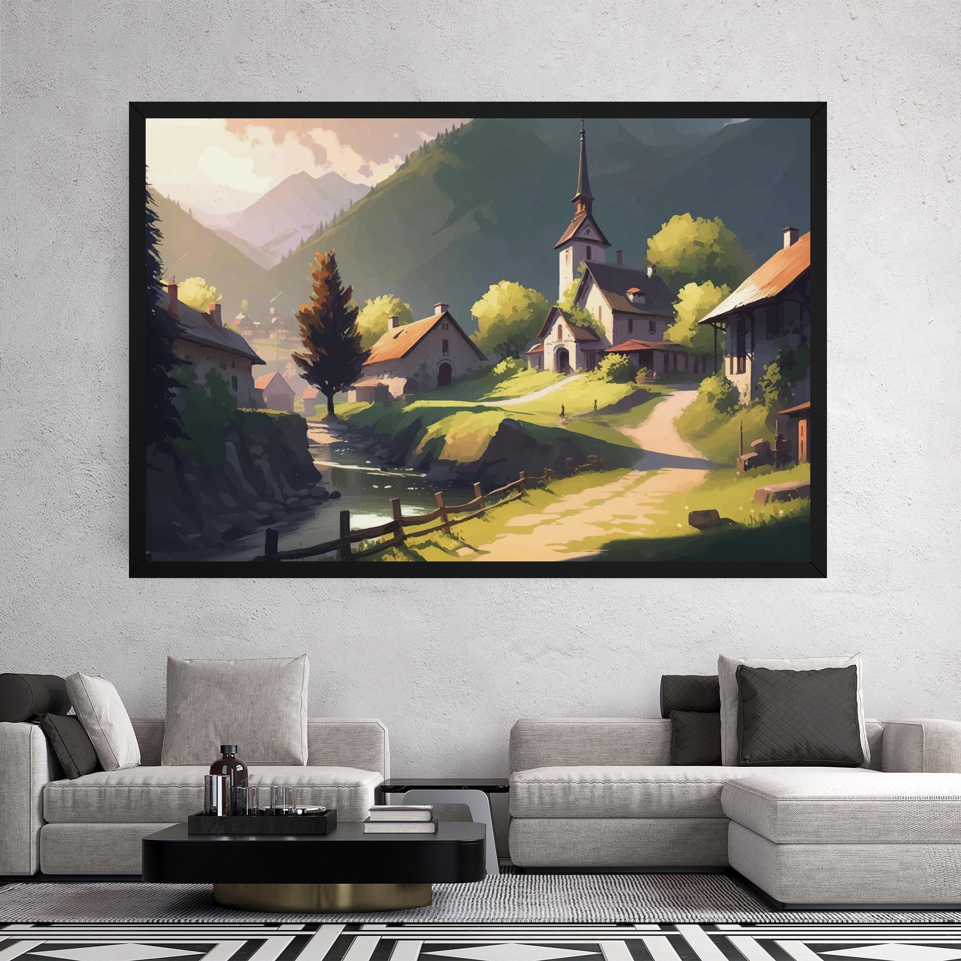 Картина на платно Village Church Art mockup 2
