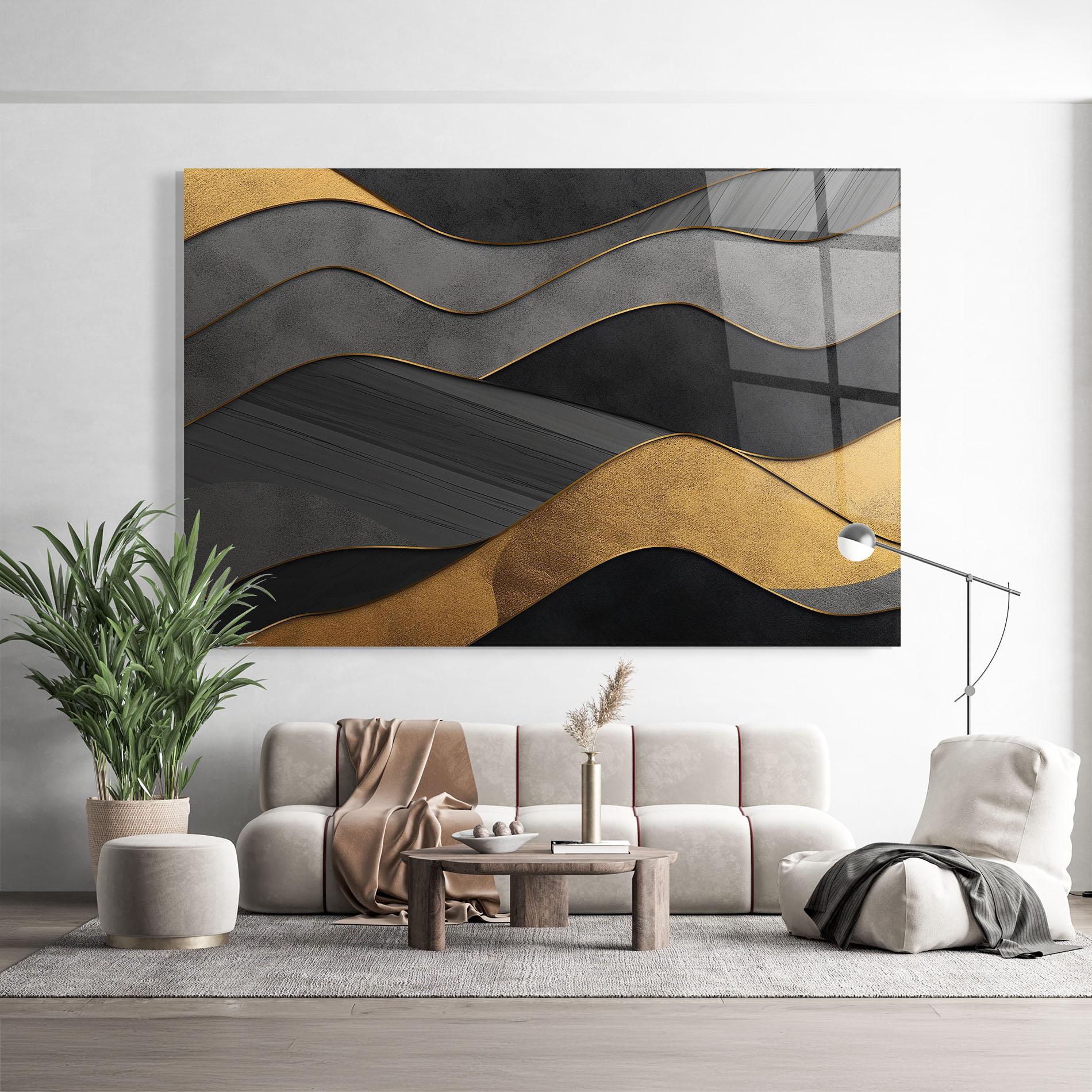 Стъклена картина Abstract Gold And Grey Waves mockup 9