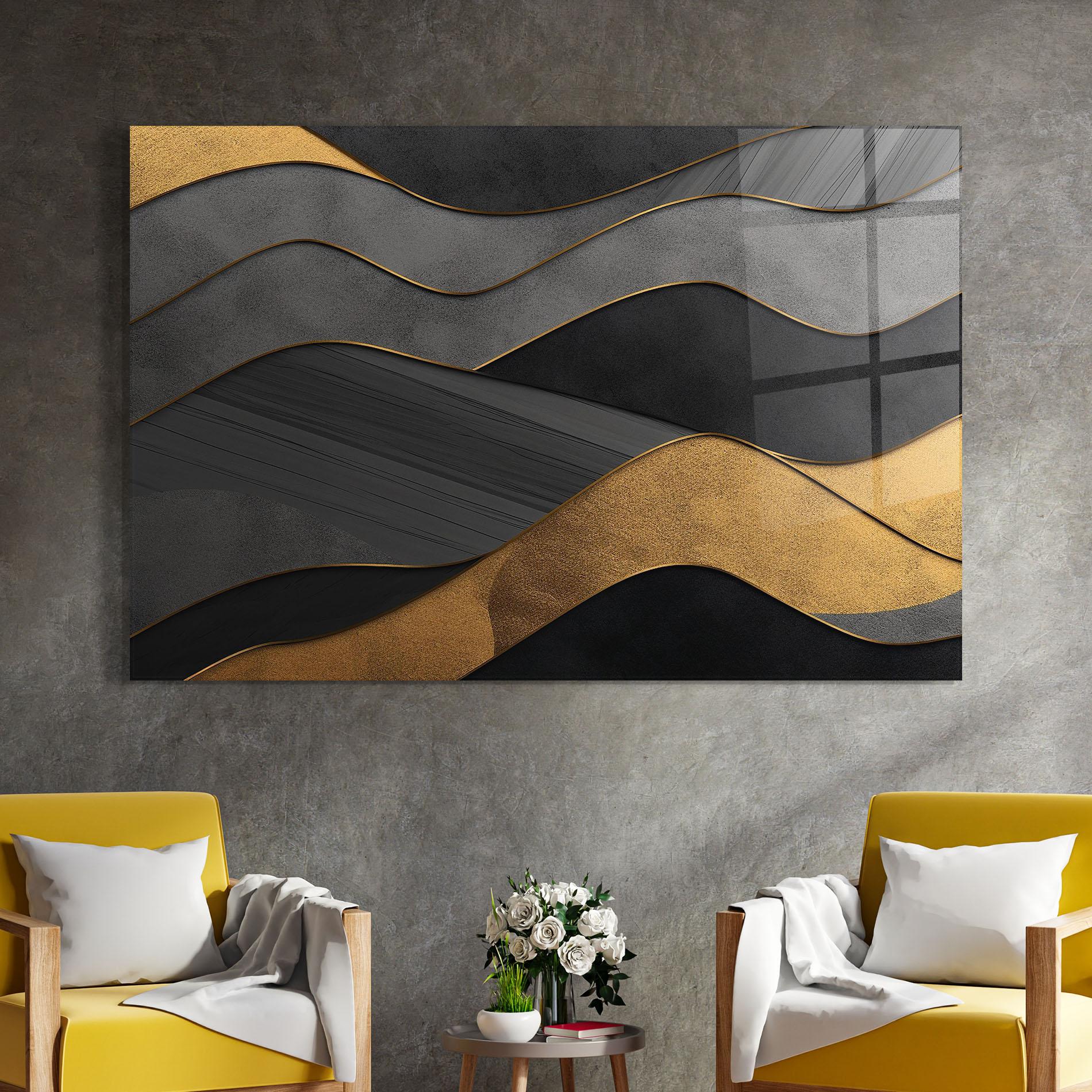 Стъклена картина Abstract Gold And Grey Waves mockup 4