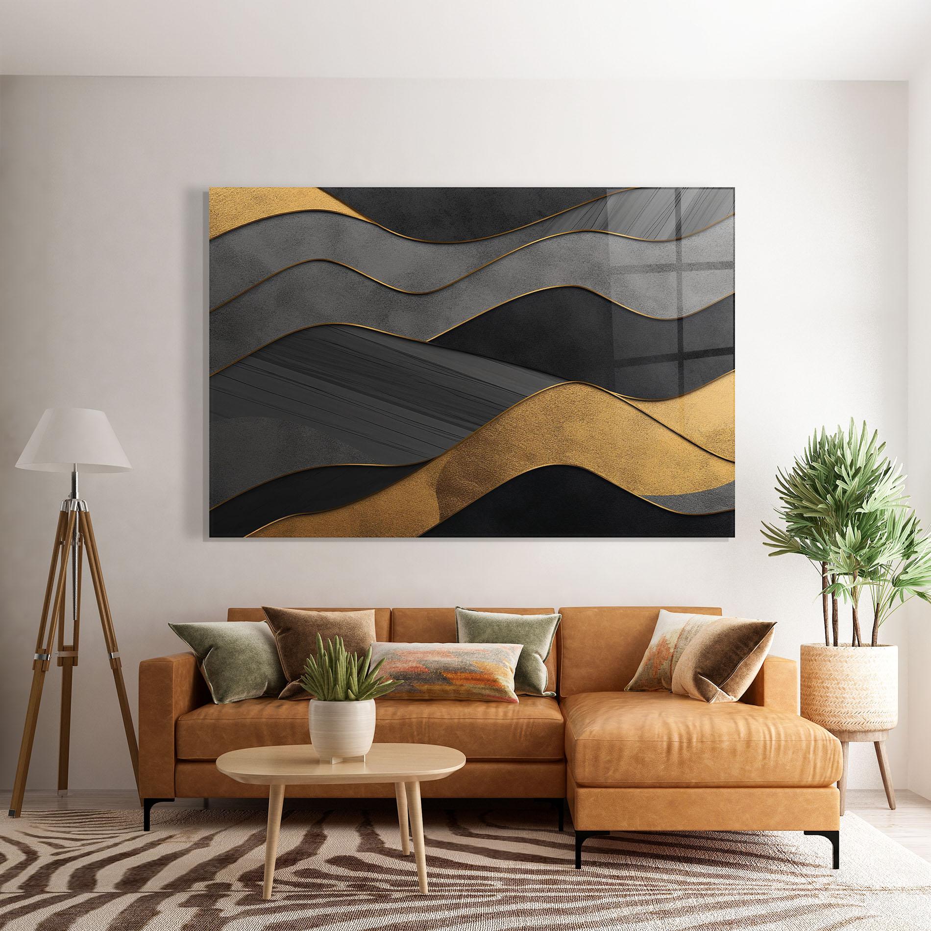 Стъклена картина Abstract Gold And Grey Waves mockup 7