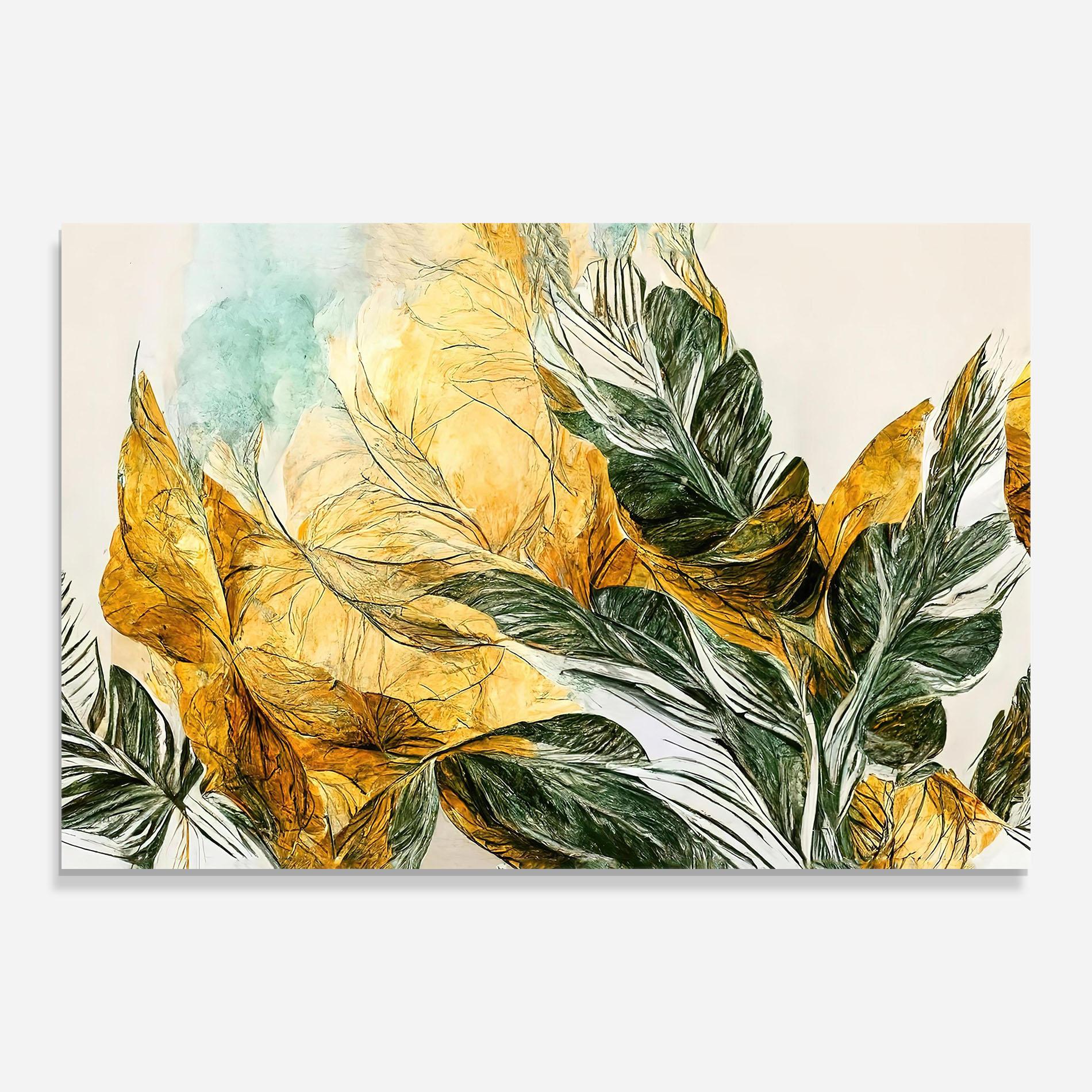 Стъклена картина Gold And Green Leafes mockup 0