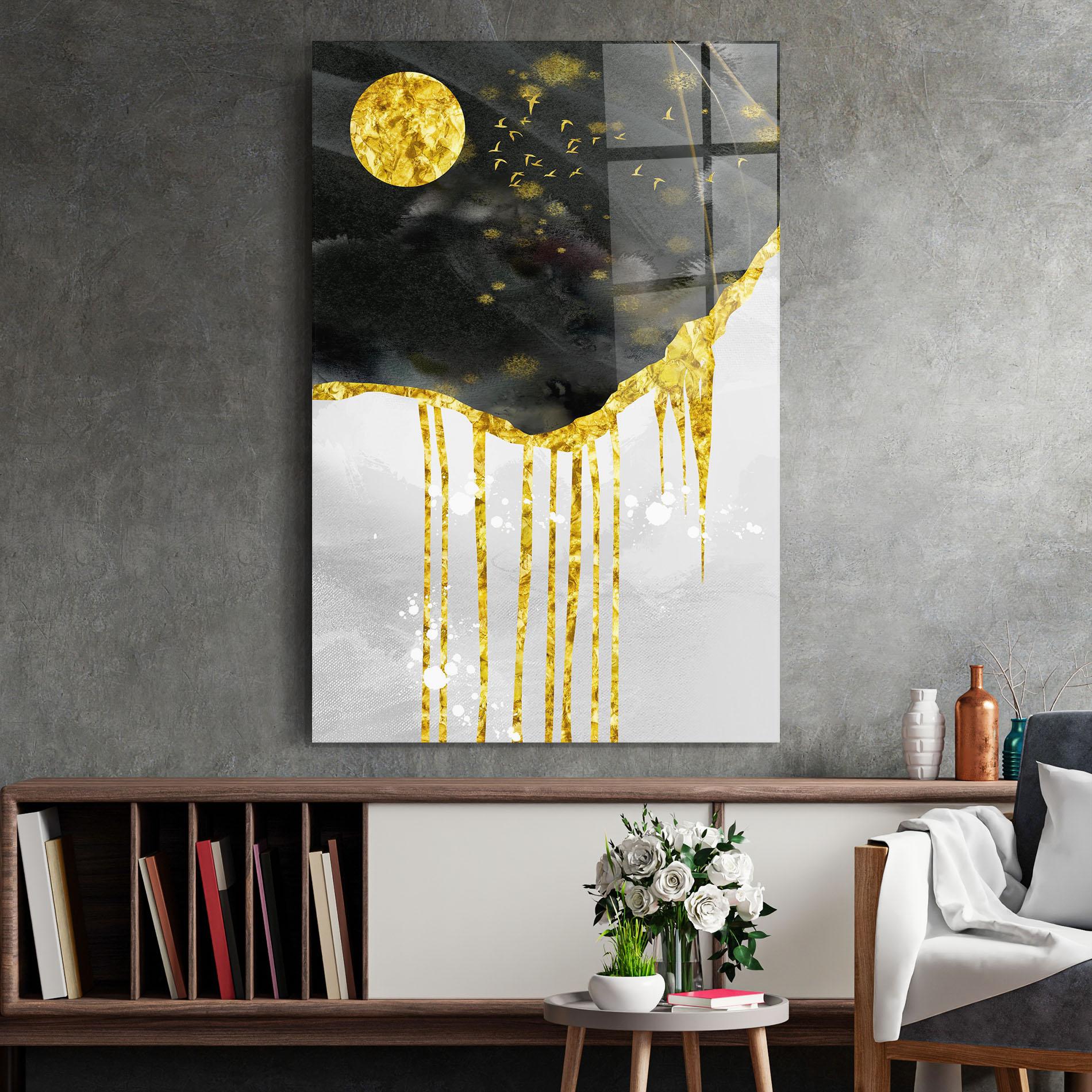 Стъклена картина Gold Moon And Birds mockup 2