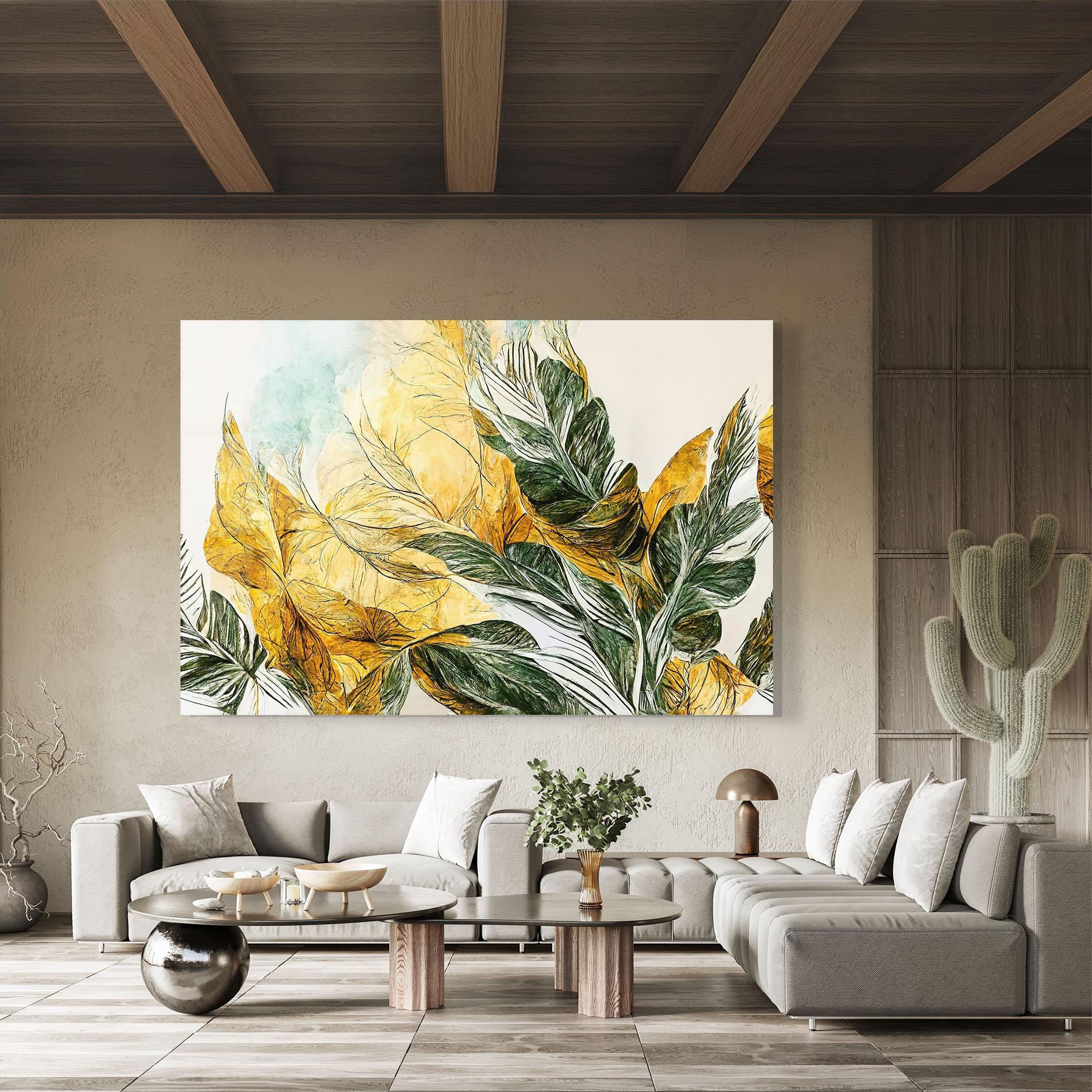 Стъклена картина Gold And Green Leafes mockup 8