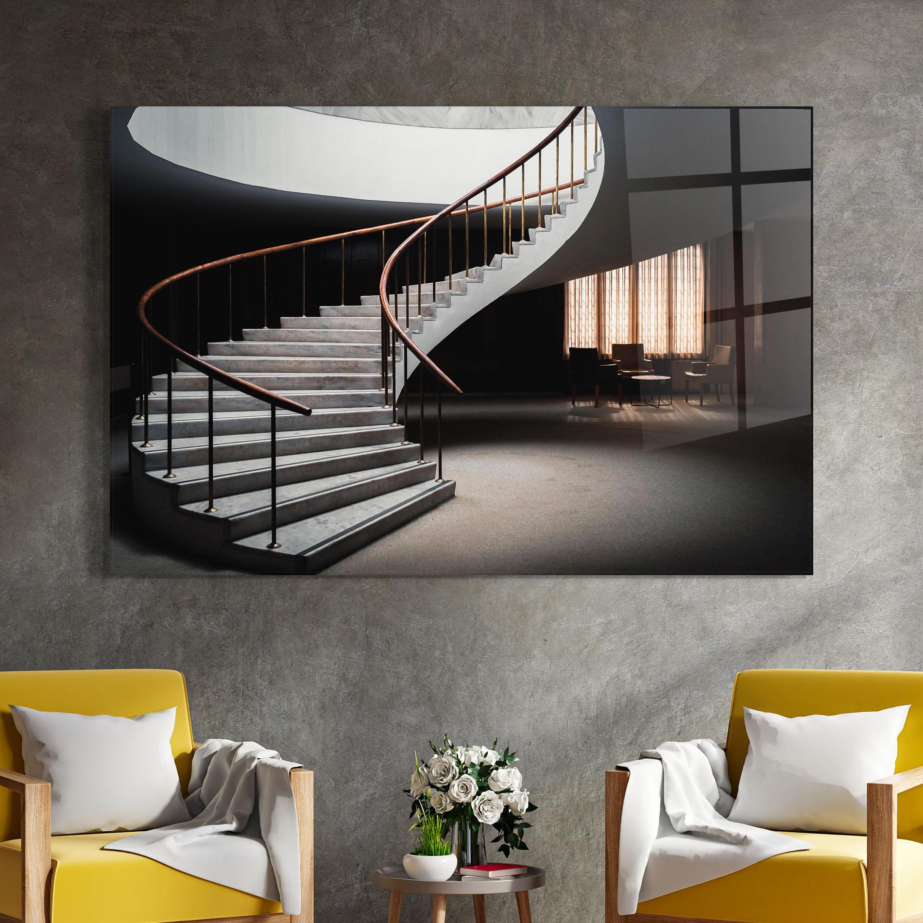 Стъклена картина Dark Room Stairs mockup 4
