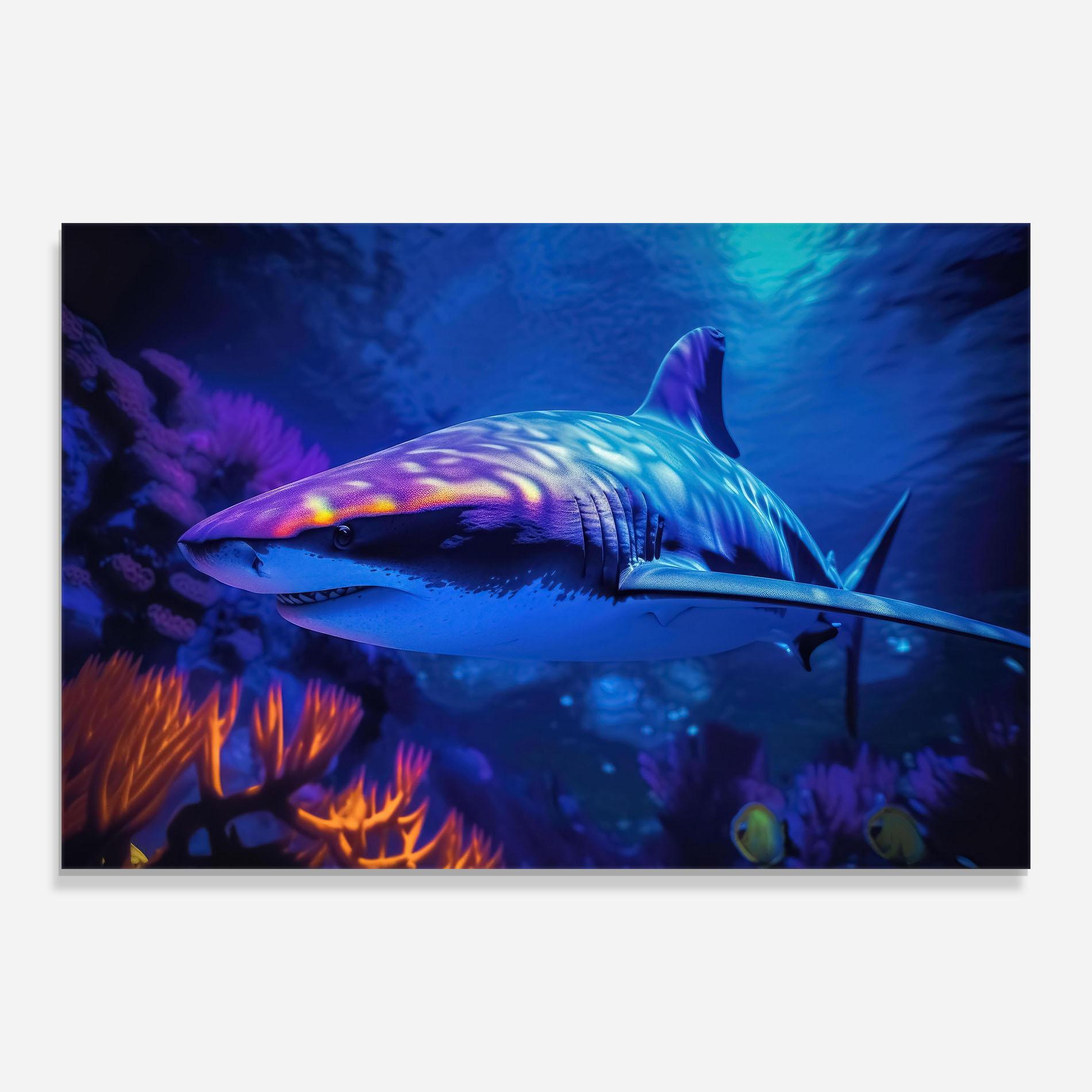 Стъклена картина Blue Light Shark mockup 0