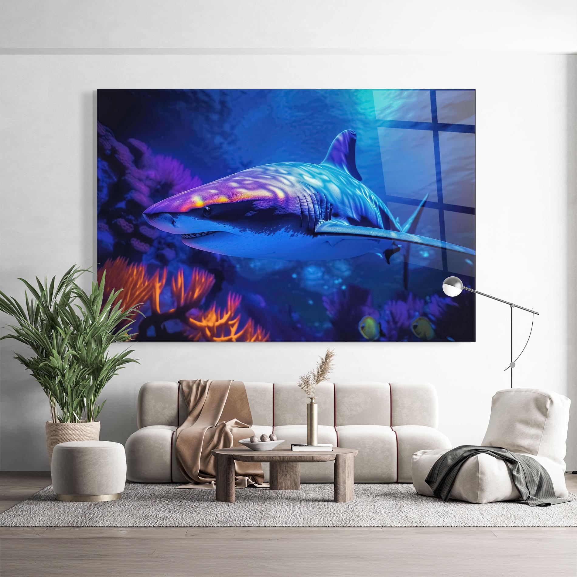Стъклена картина Blue Light Shark mockup 9