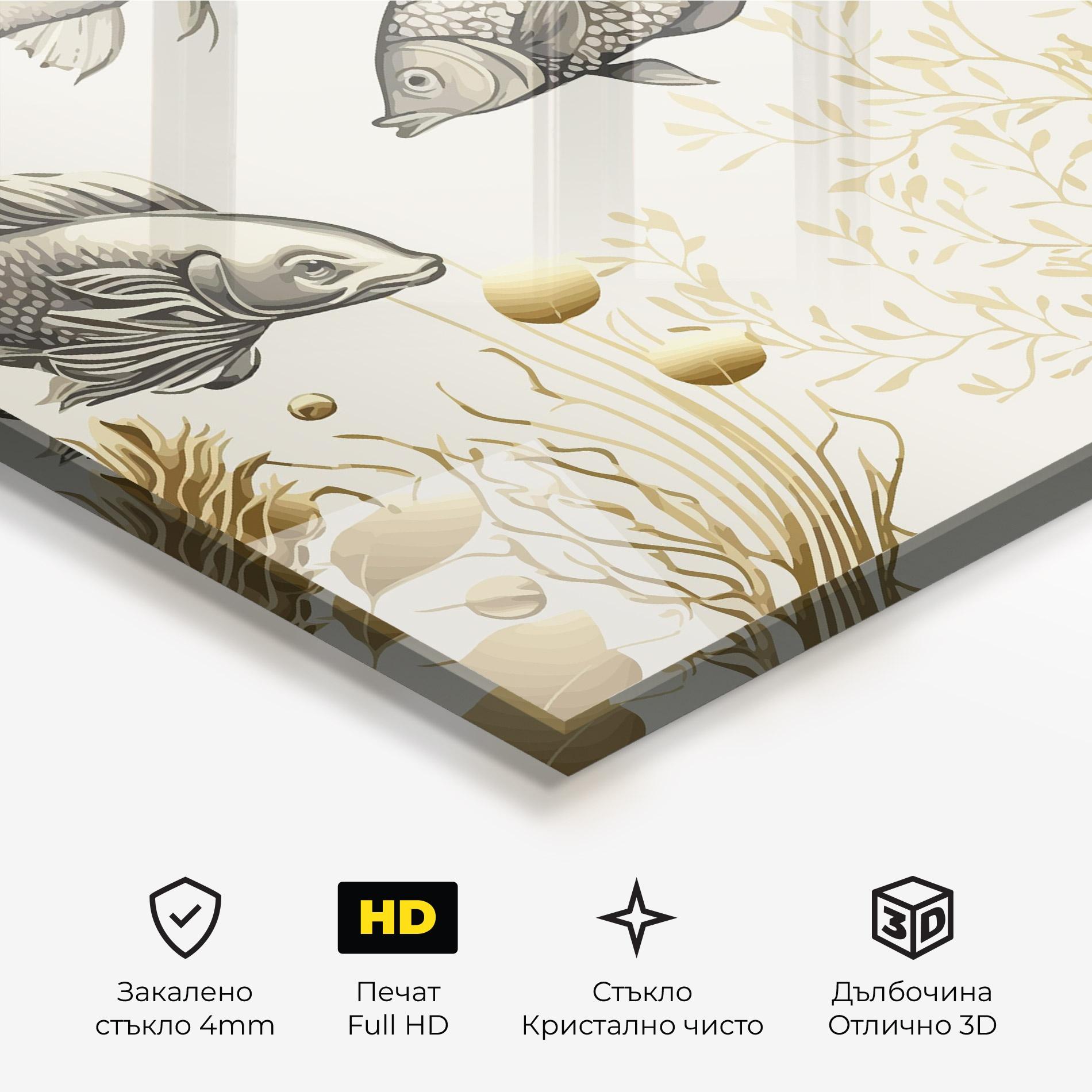 Стъклена картина Grey Gold Fish mockup 3
