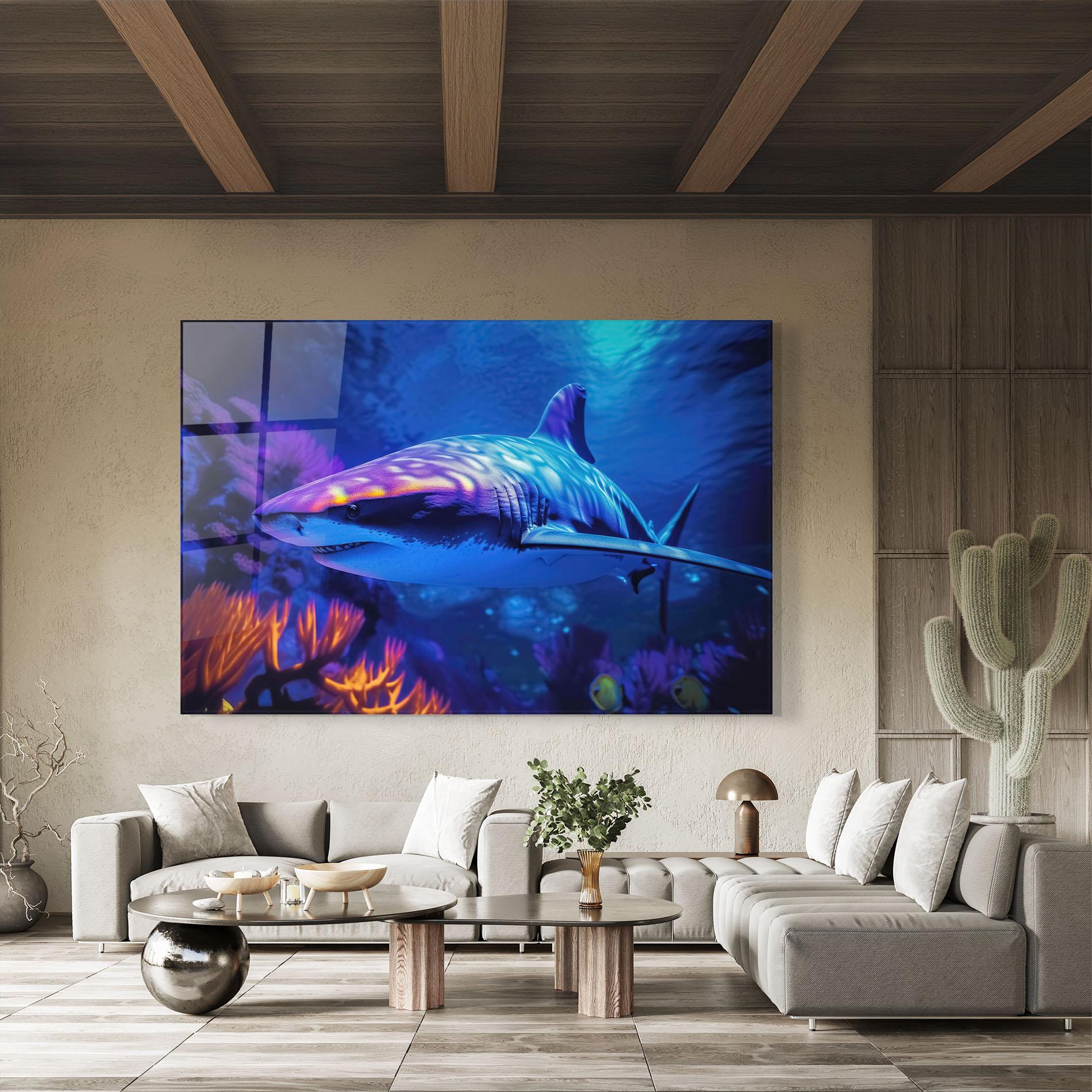Стъклена картина Blue Light Shark mockup 8