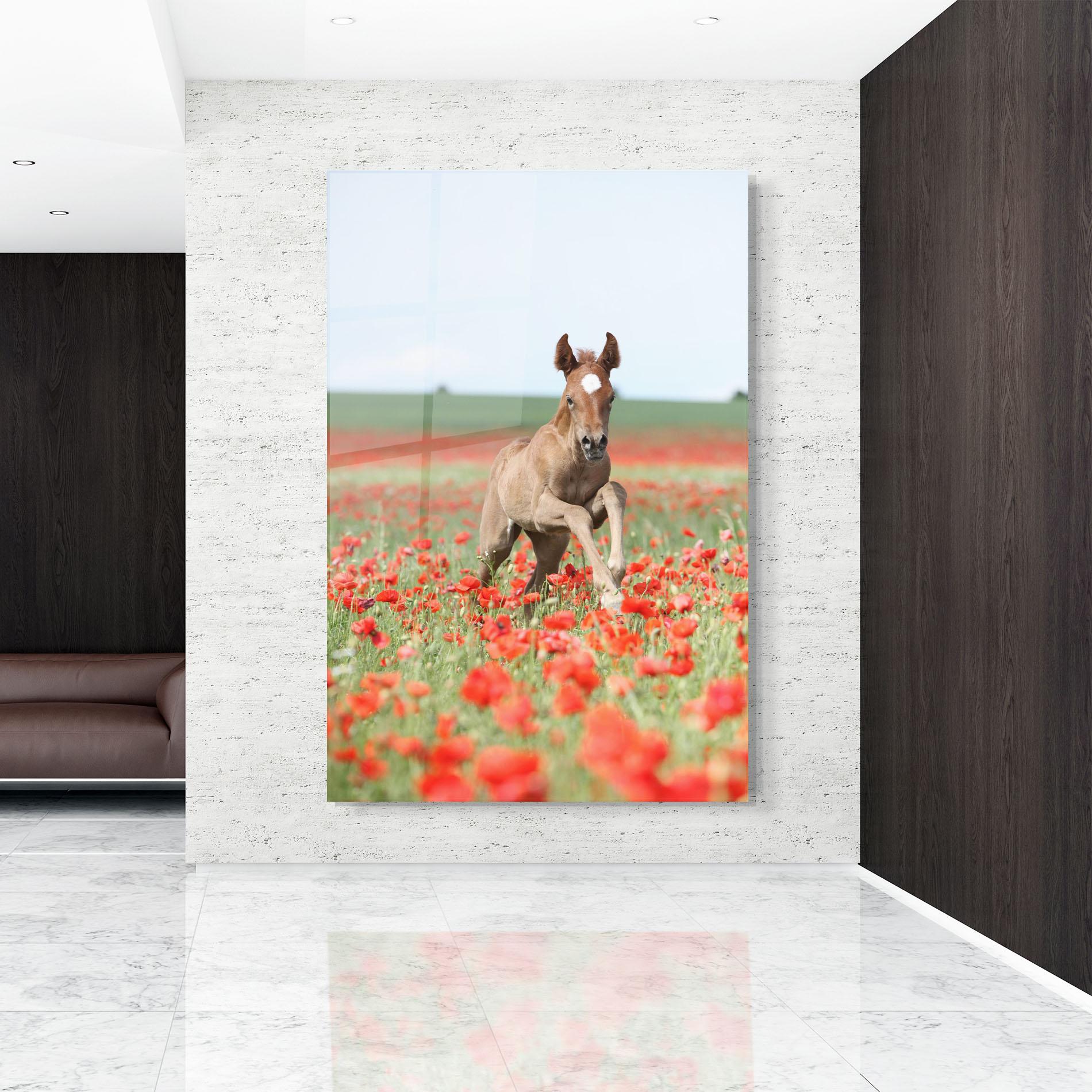 Стъклена картина Red Flowers Horse mockup 9