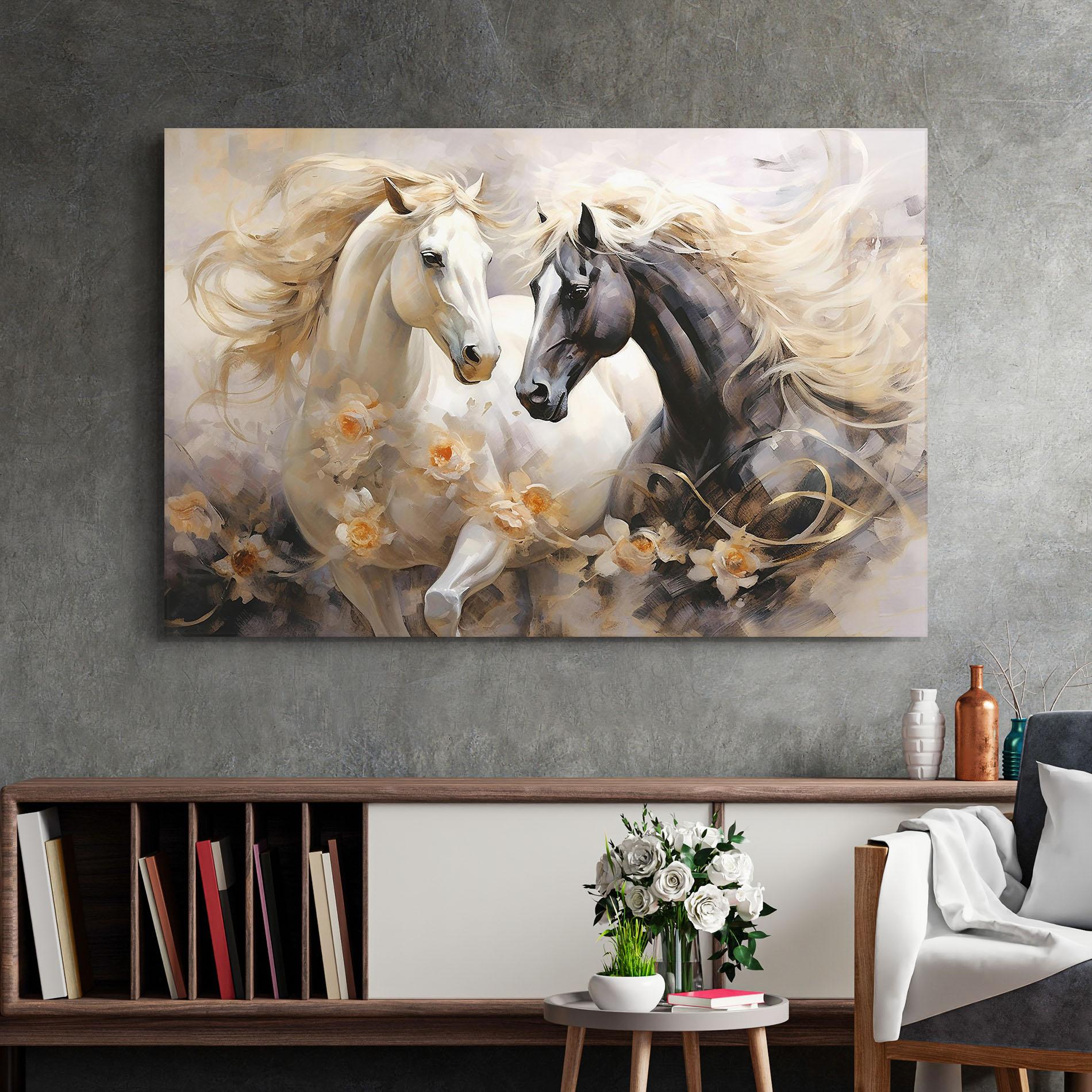 Стъклена картина Black And White Horses mockup 2